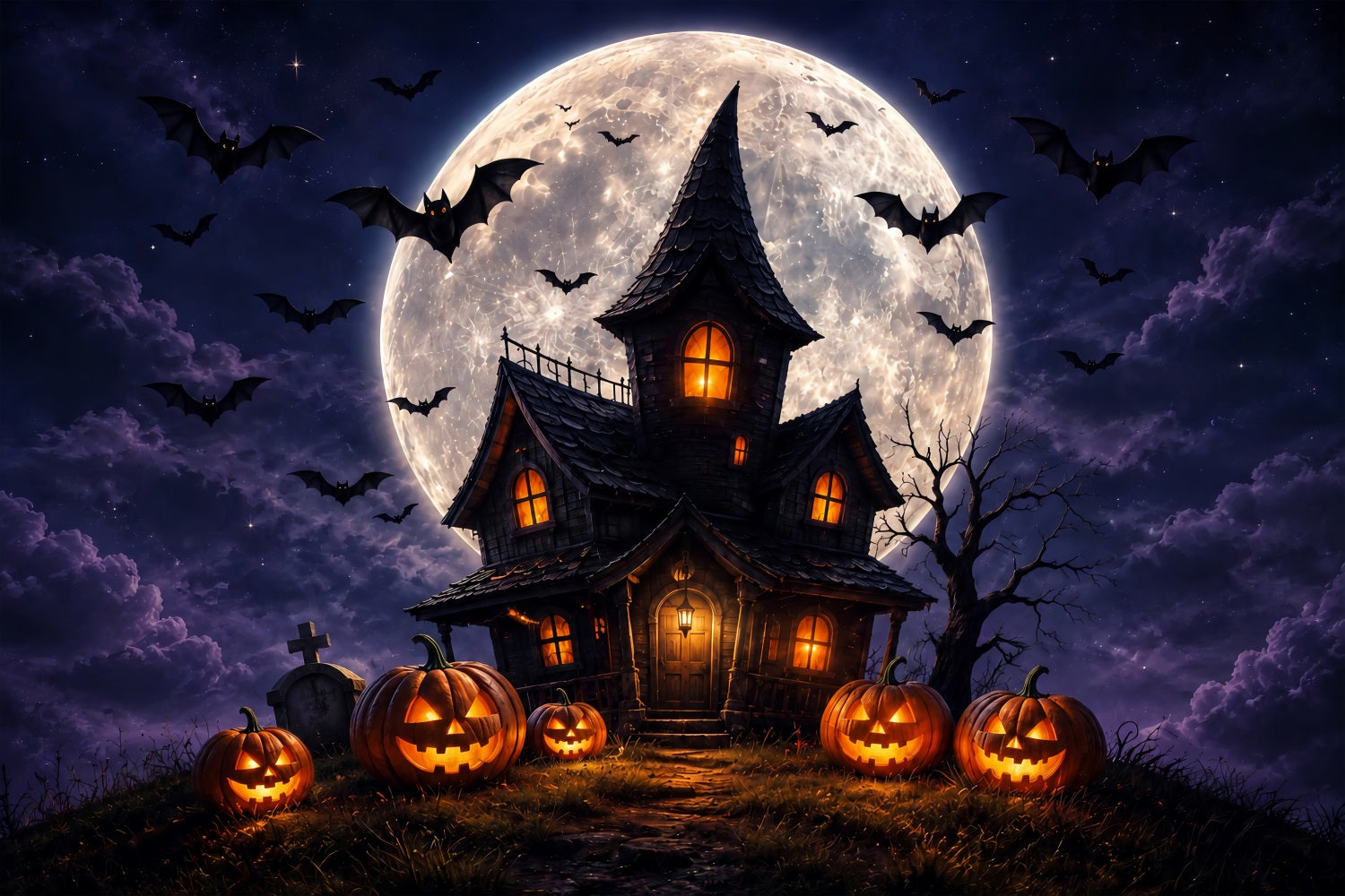 Witches Lair Backdrop Moonlit Pumpkin Haunted Cottage Halloween Scene Backdrop ZTT67-60