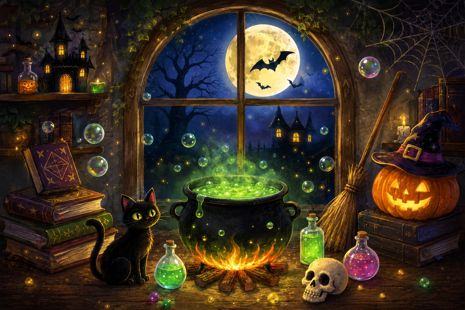 Witches Kitchen Backdrop Moonlit Witch Cauldron Cottage Simple Halloween Backdrop ZTT67-62