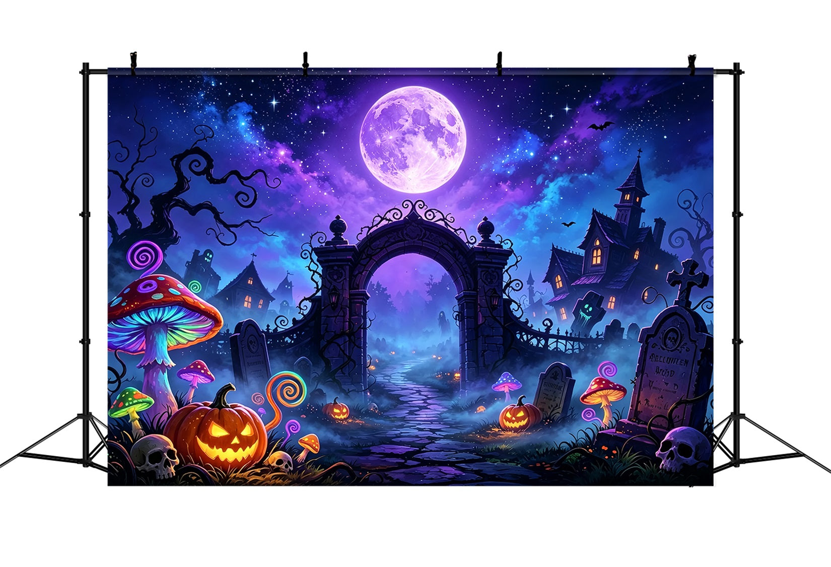 Bat Cave Backdrop Neon Moon Mushroom Graveyard Halloween Backdrop For Kids ZTT67-64