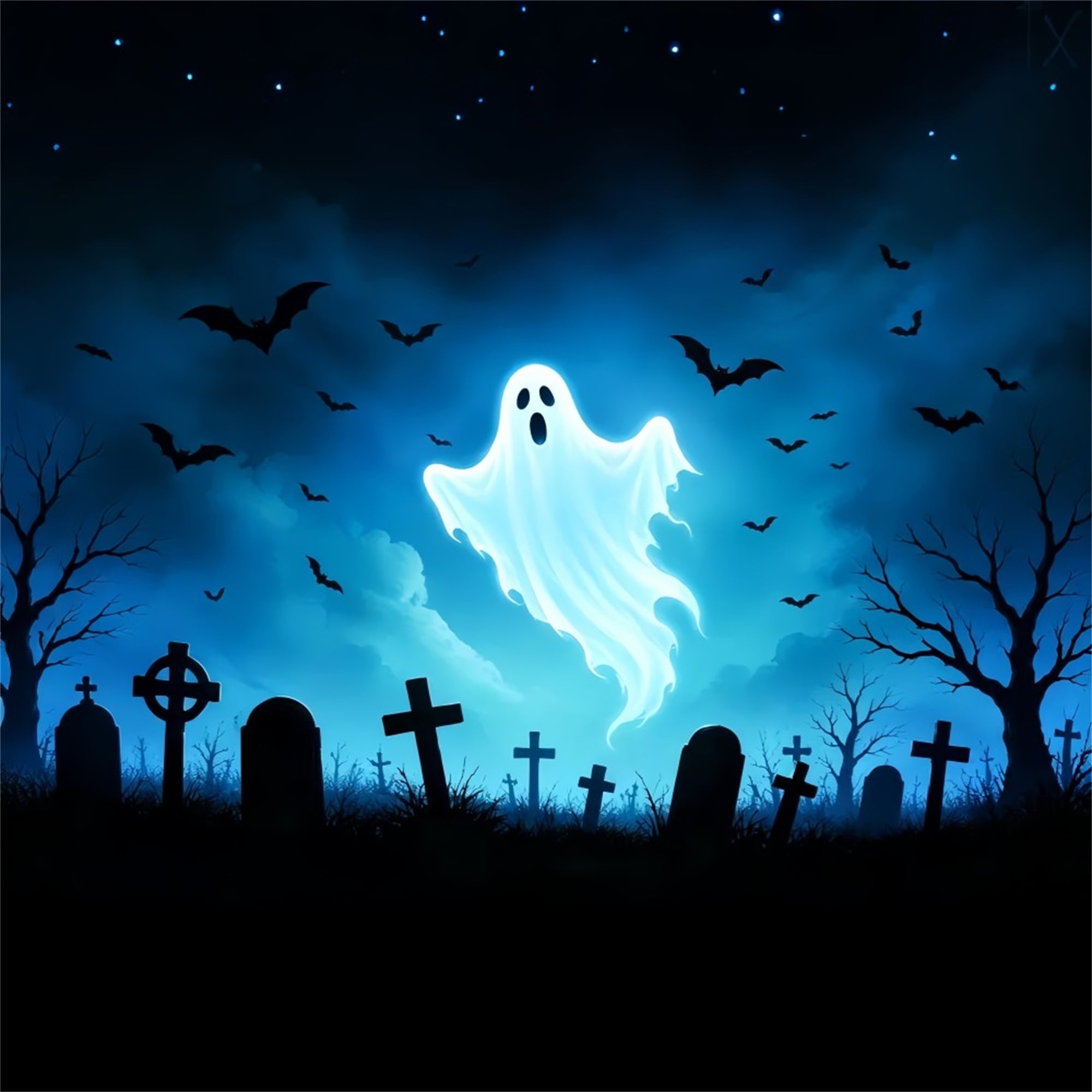 Ghost Stained Glass Backdrop Glowing Ghost Bat Graveyard Cool Halloween Backdrops ZTT67-66