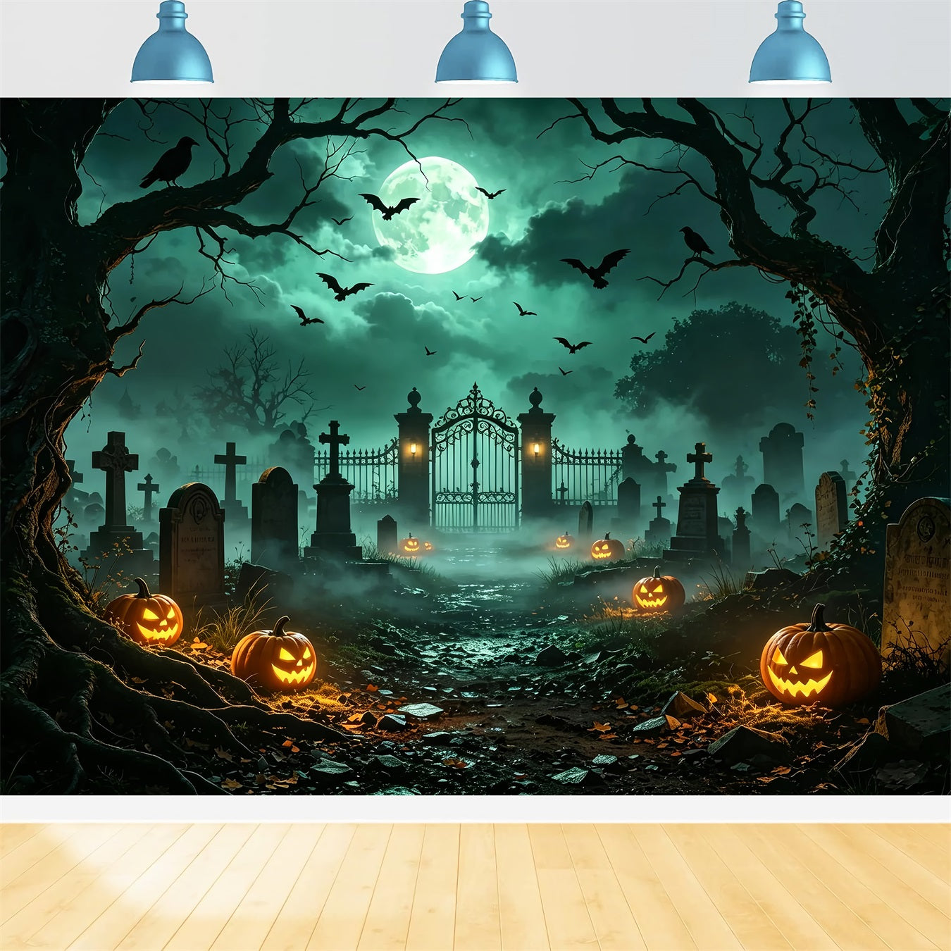 Dog Halloween Backdrop Moonlit Pumpkin Cemetery Gate Easter Tomb Backdrop ZTT67-67
