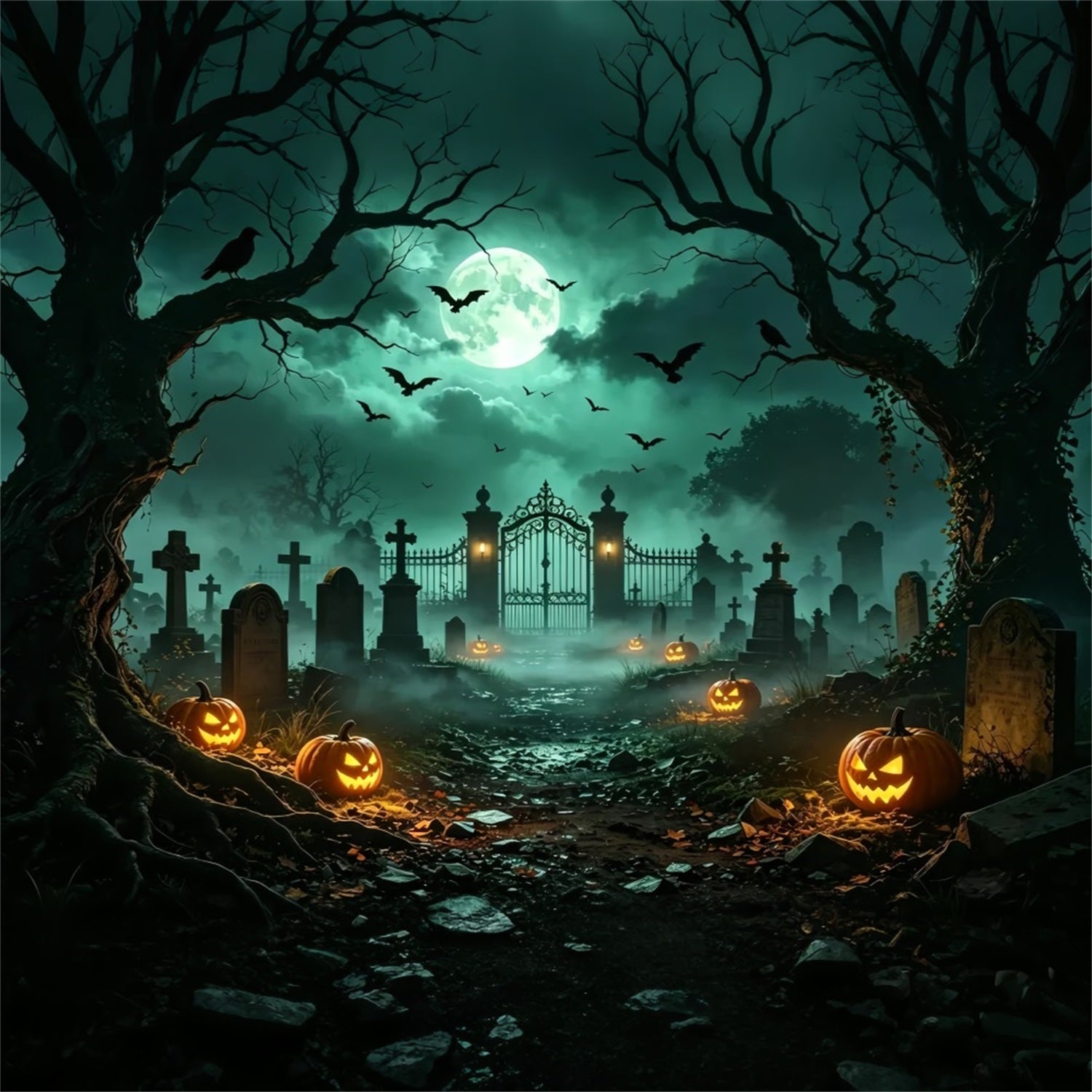 Dog Halloween Backdrop Moonlit Pumpkin Cemetery Gate Easter Tomb Backdrop ZTT67-67