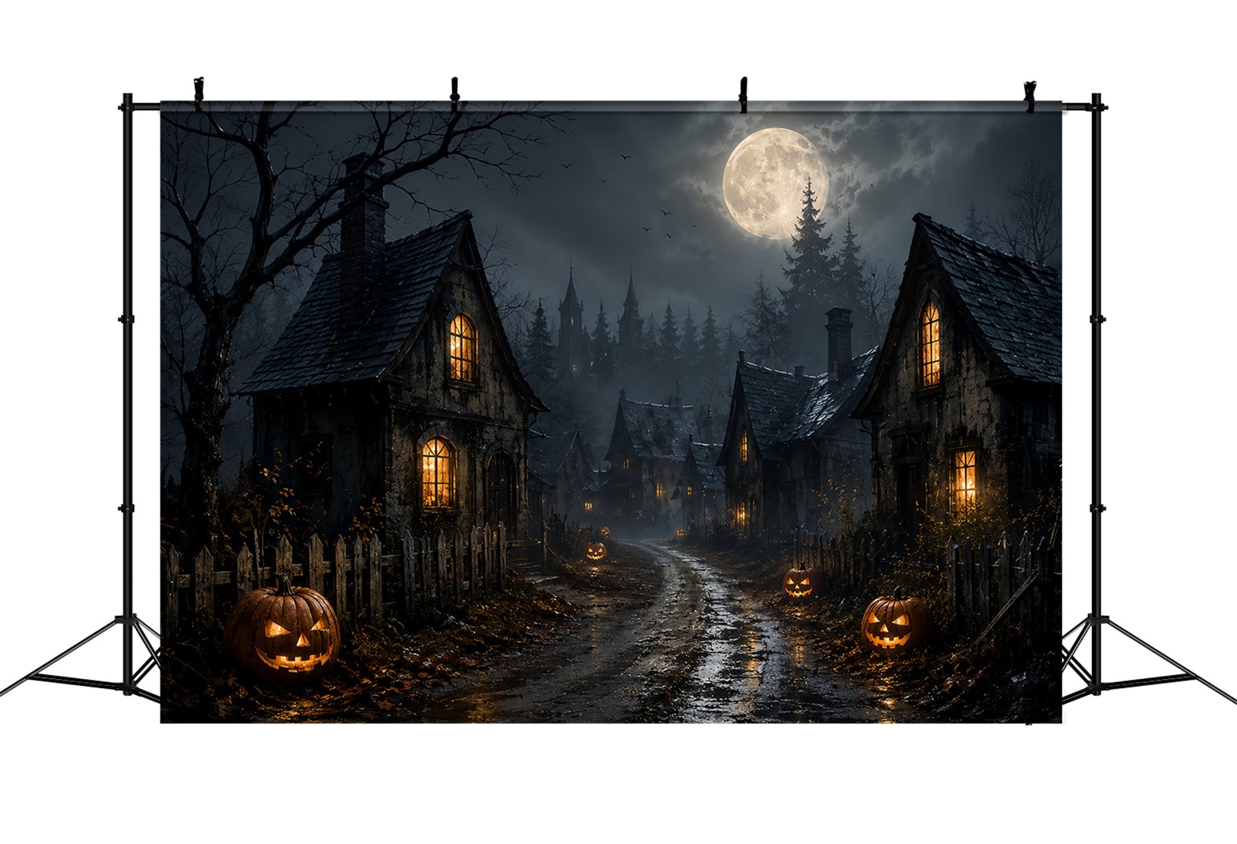 Backdrop Ghost Stained Glass Moonlit Pumpkin Village Road Lemax Spooky Town Backdrop ZTT67-70
