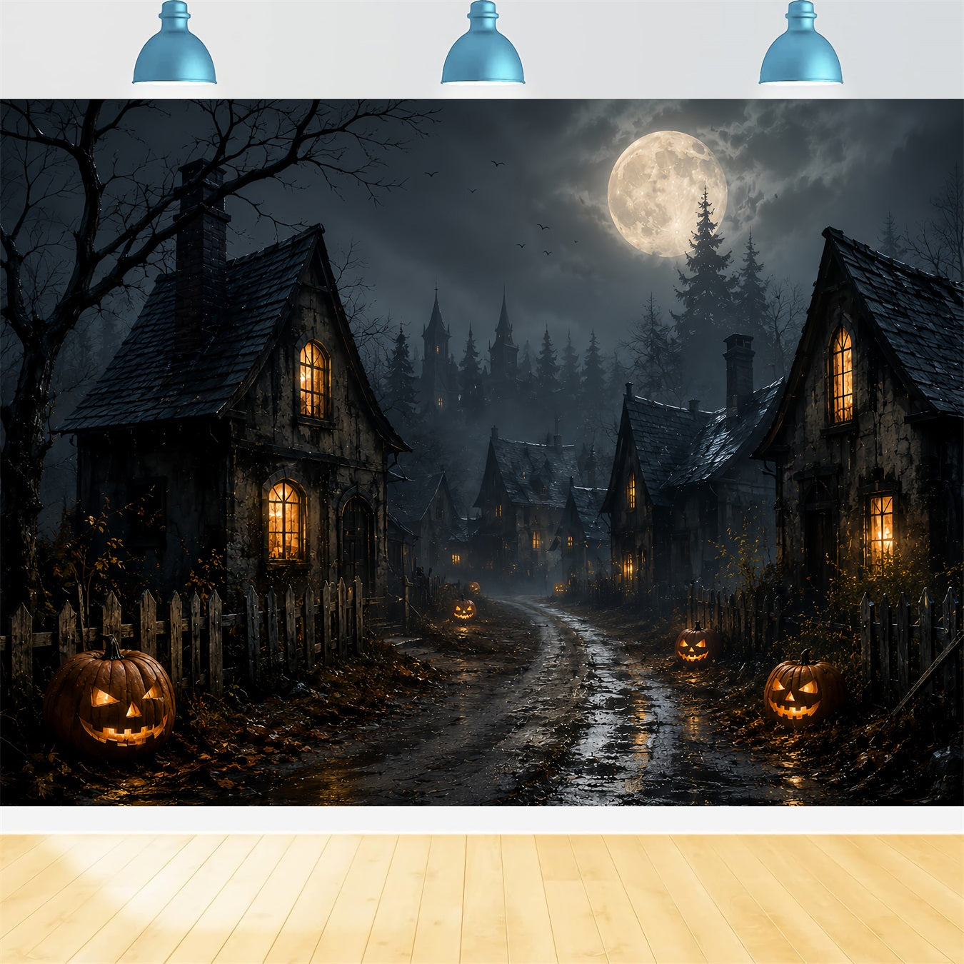 Backdrop Ghost Stained Glass Moonlit Pumpkin Village Road Lemax Spooky Town Backdrop ZTT67-70