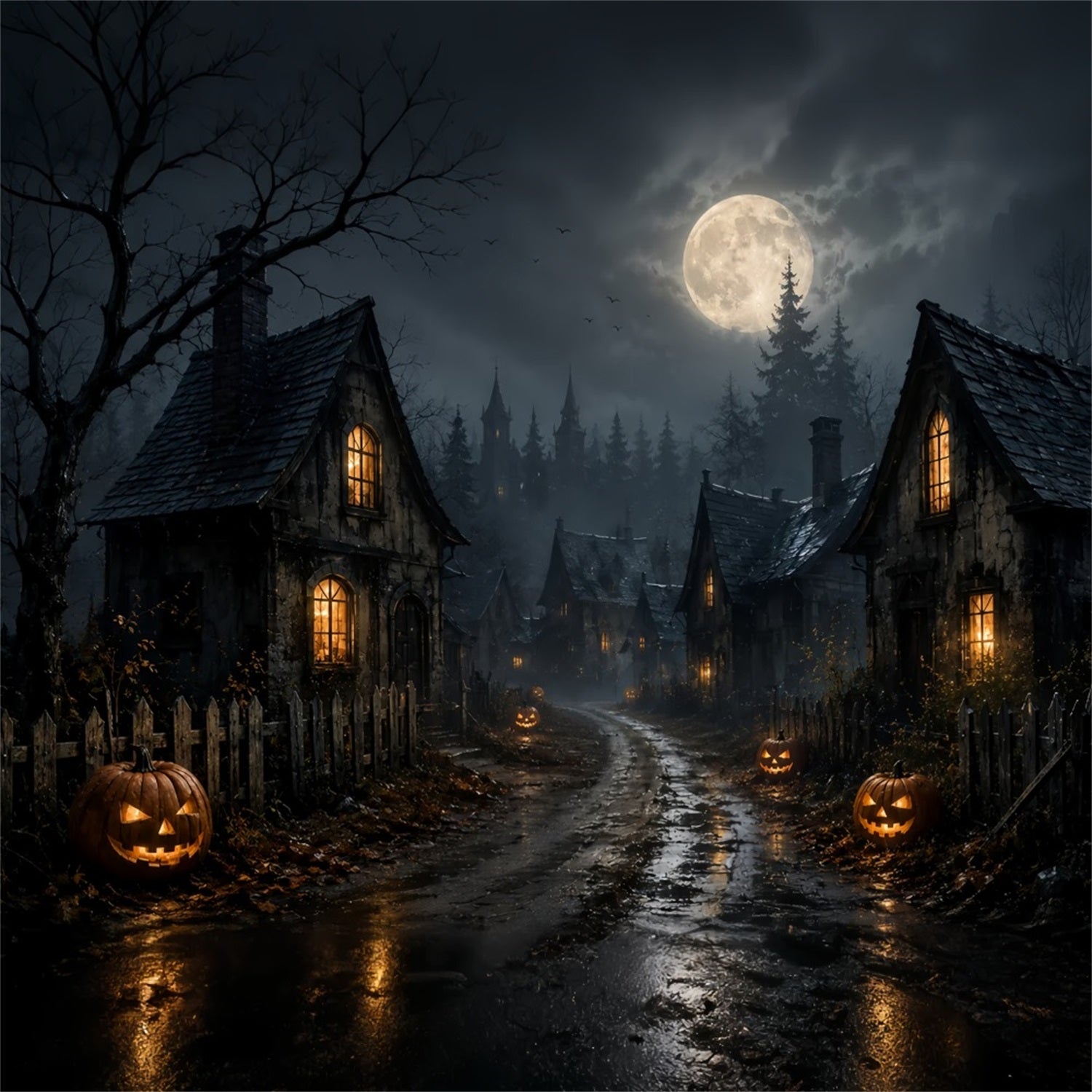 Backdrop Ghost Stained Glass Moonlit Pumpkin Village Road Lemax Spooky Town Backdrop ZTT67-70