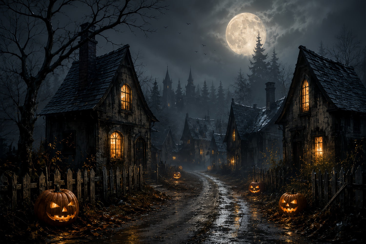 Backdrop Ghost Stained Glass Moonlit Pumpkin Village Road Lemax Spooky Town Backdrop ZTT67-70