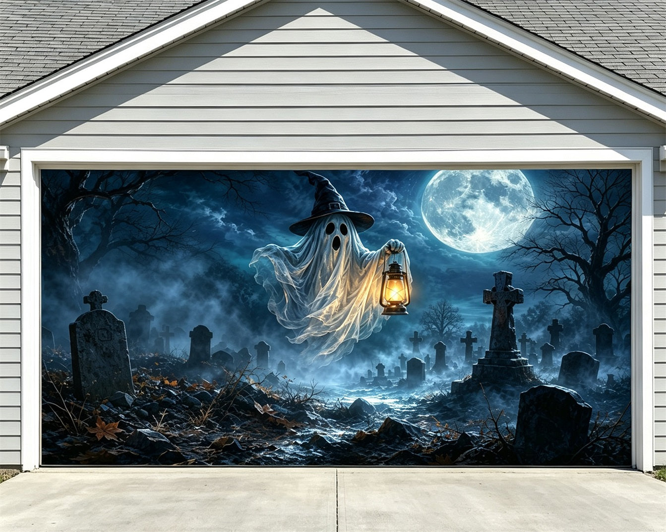 Ghost Halloween Garage Door Cover Lantern Moonlit Cemetery Extra Large Halloween Garage Door Cover ZTT68-12-2 car