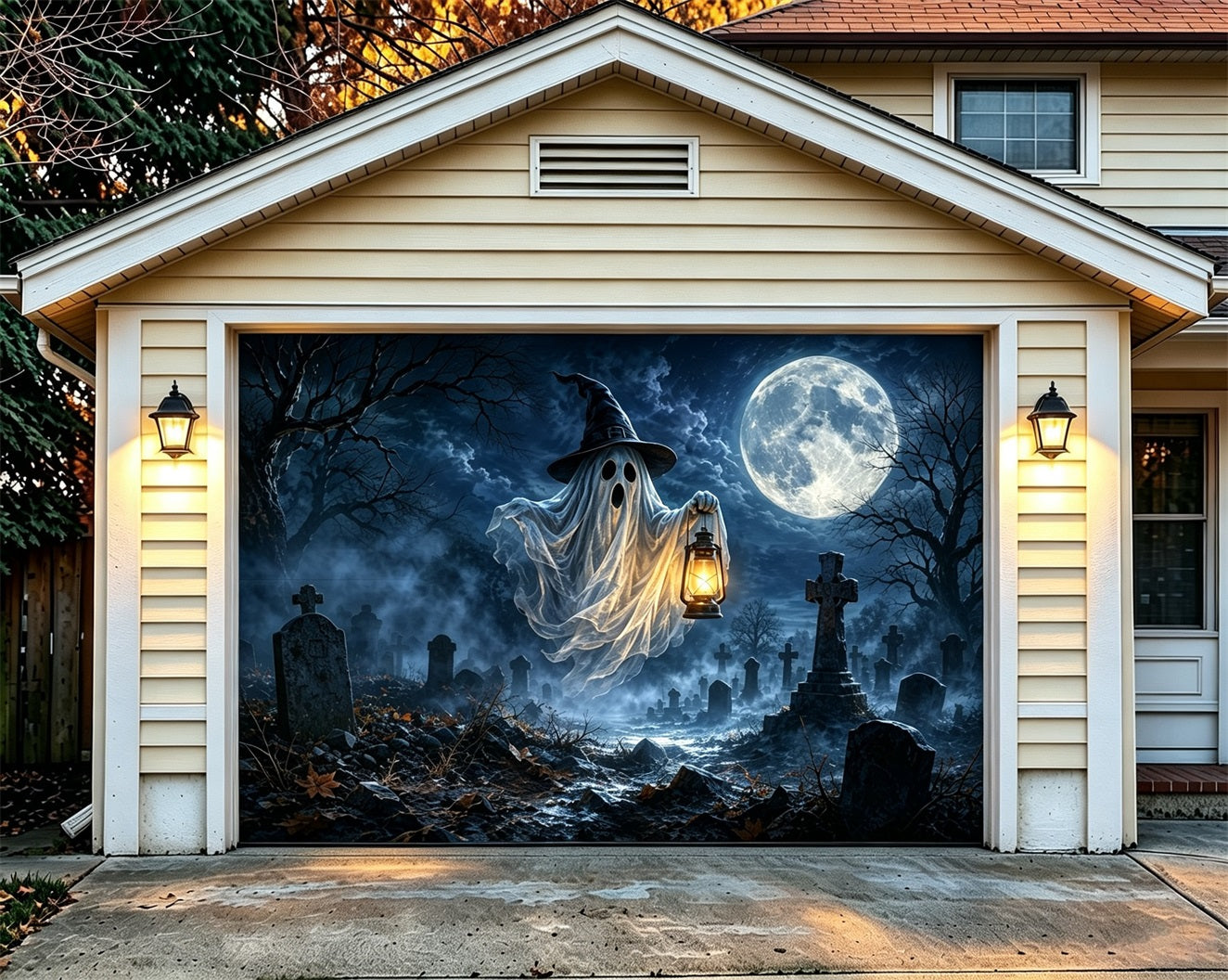 Ghost Halloween Garage Door Cover Lantern Moonlit Cemetery Extra Large Halloween Garage Door Cover ZTT68-12-1 car