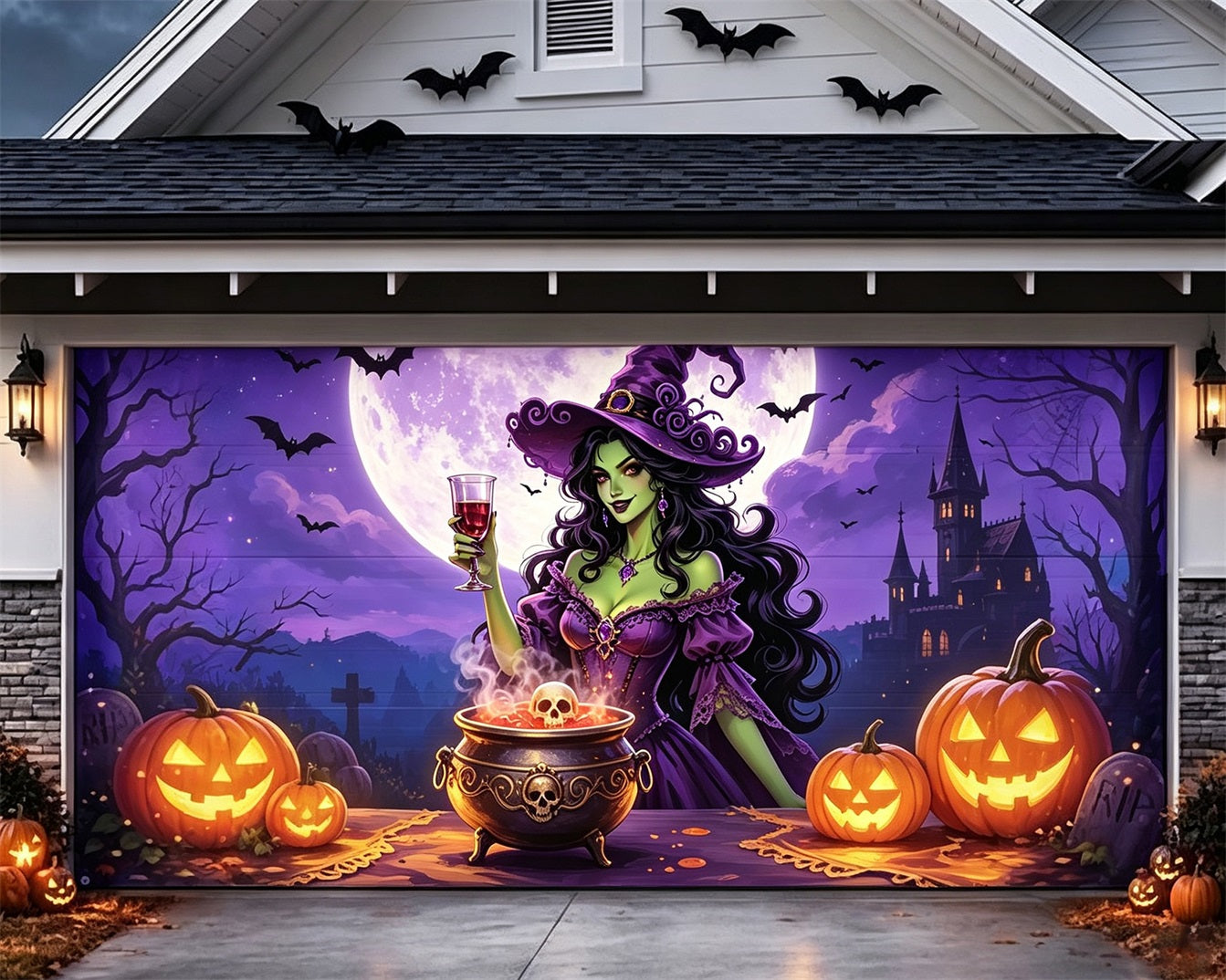 Witch Halloween Garage Door Cover Moonlit Cauldron Pumpkin Halloween Garage Door Cover ZTT68-14-2 car