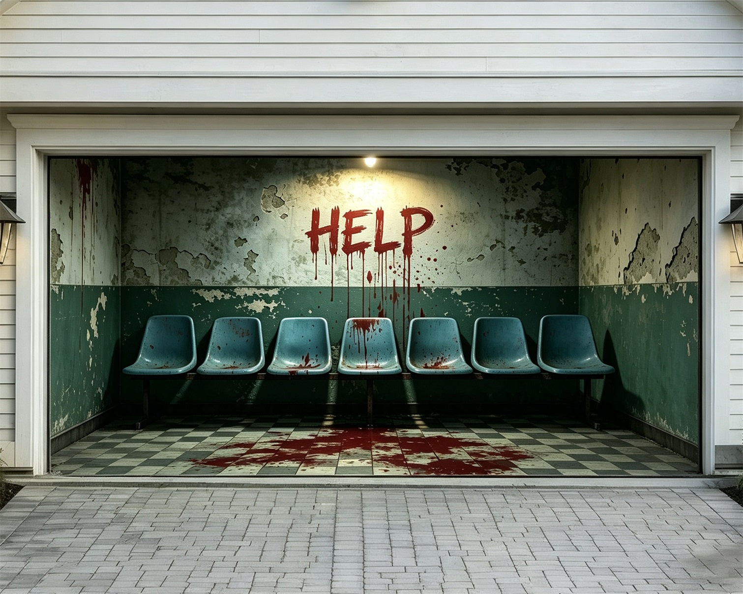 Haunted House Garage Door Cover Bloody Waiting Room Halloween Outdoor Garage Decorations ZTT68-15-2 car