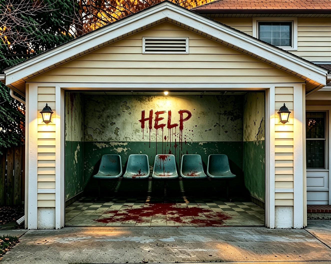 Haunted House Garage Door Cover Bloody Waiting Room Halloween Outdoor Garage Decorations ZTT68-15-1 car