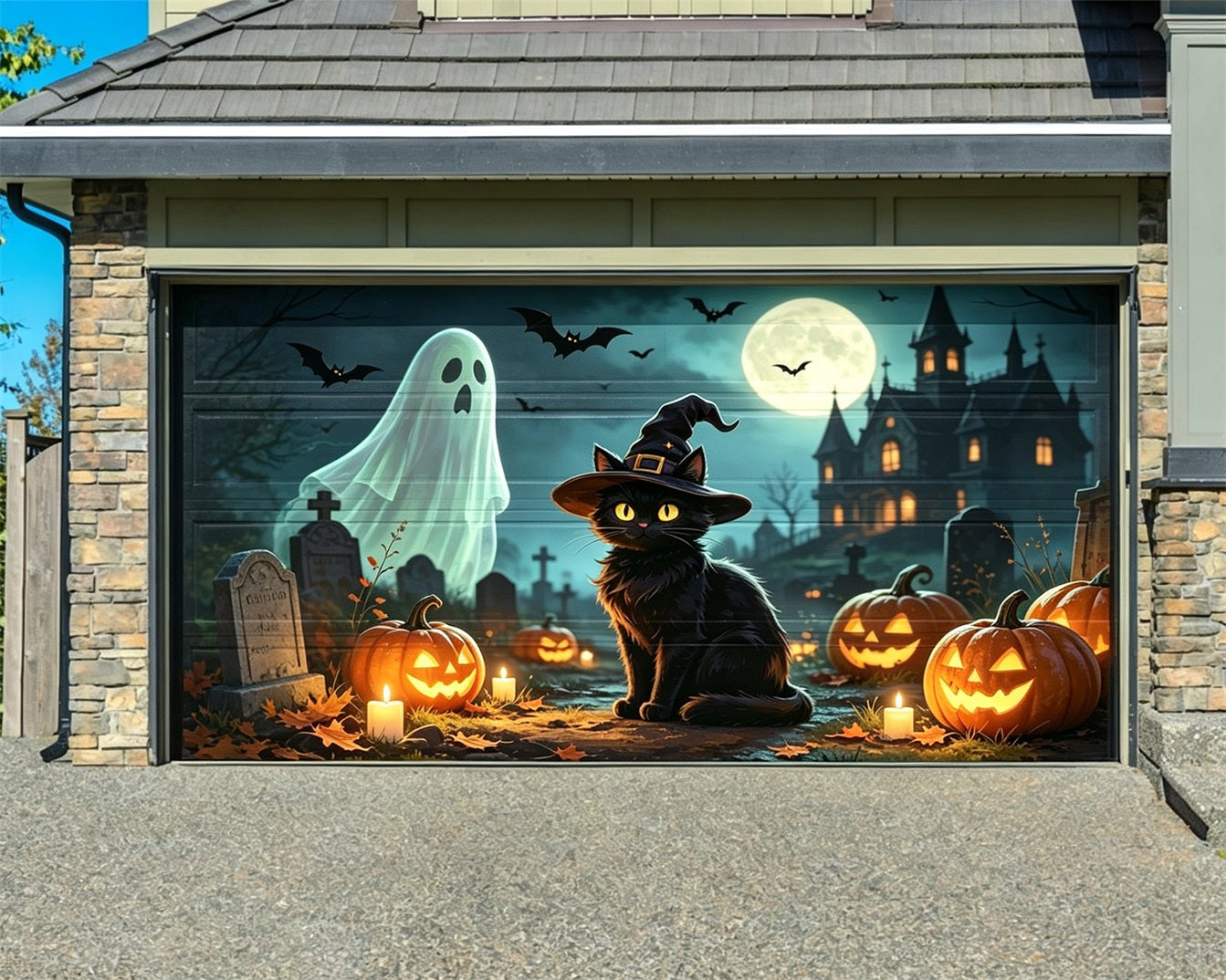 Black Cat Halloween Garage Door Cover Ghost Graveyard Moon Halloween Yard Garage Door Decor ZTT68-17-2 car