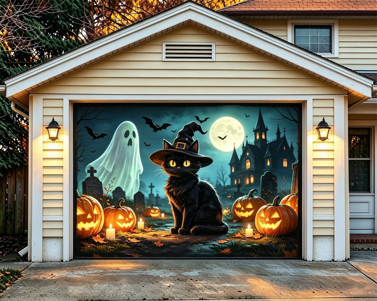 Black Cat Halloween Garage Door Cover Ghost Graveyard Moon Halloween Yard Garage Door Decor ZTT68-17-1 car