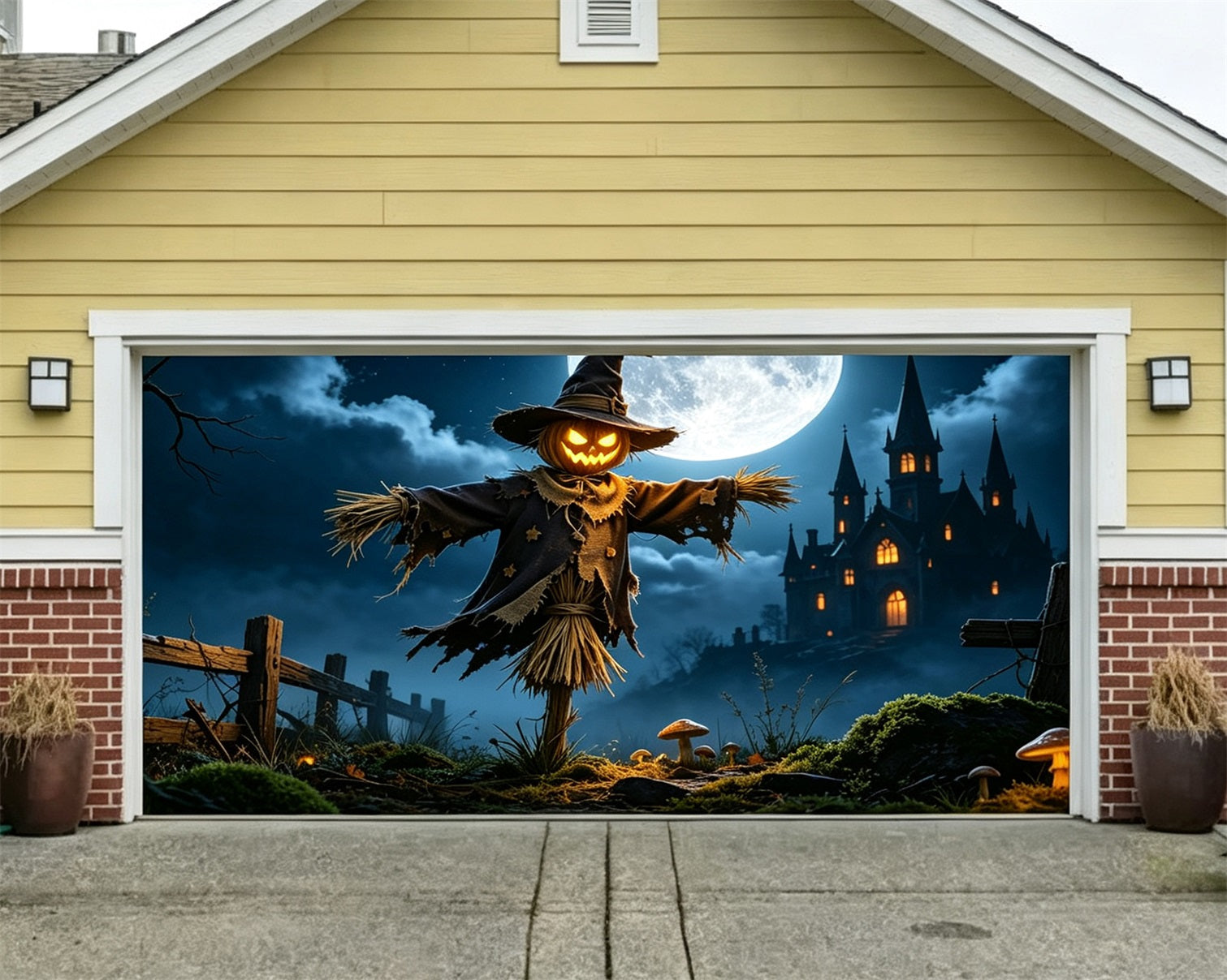 Scarecrow Halloween Garage Door Cover Moonlit Castle Field Halloween Garage Door Cover ZTT68-22-2 car