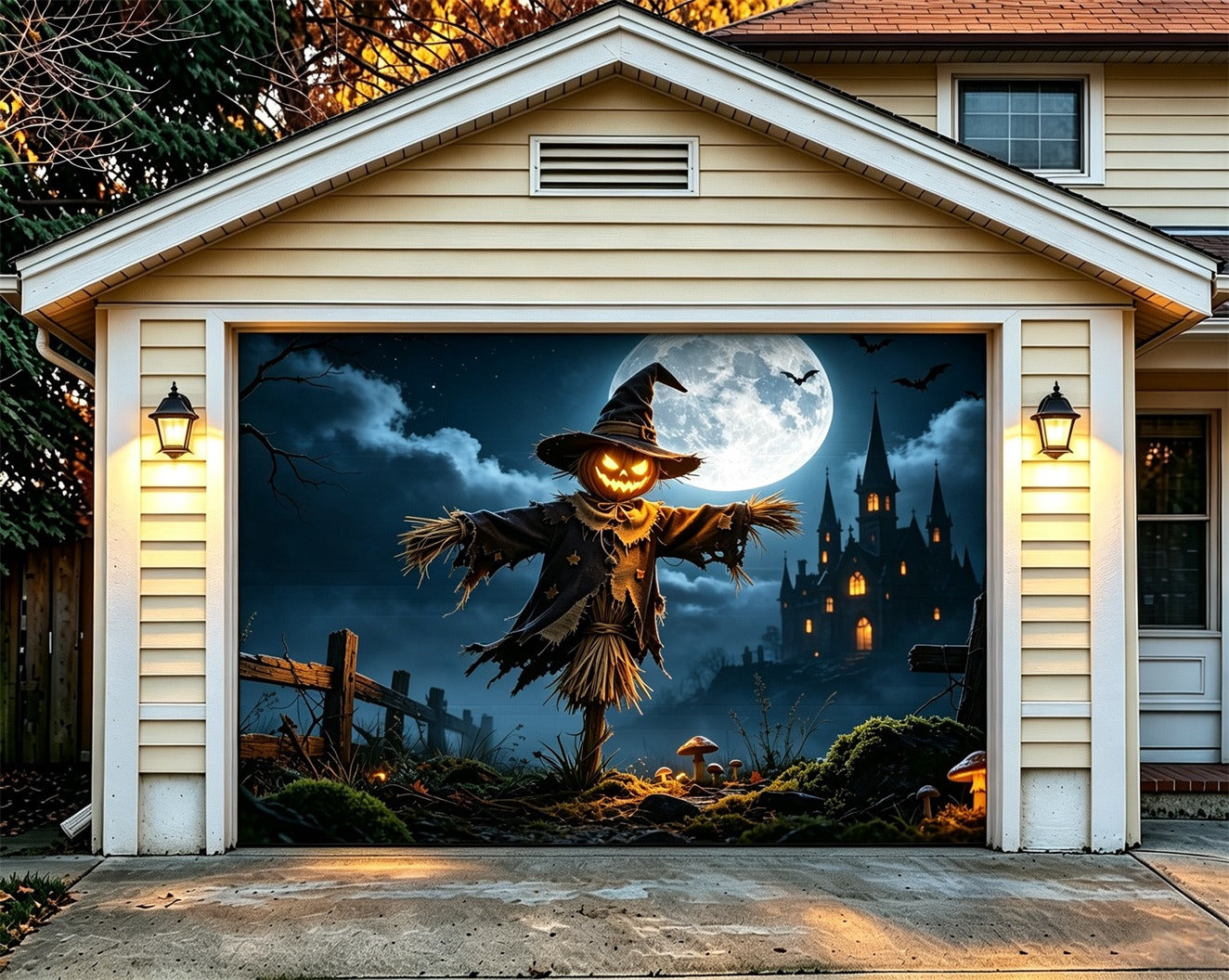 Scarecrow Halloween Garage Door Cover Moonlit Castle Field Halloween Garage Door Cover ZTT68-22-1 car