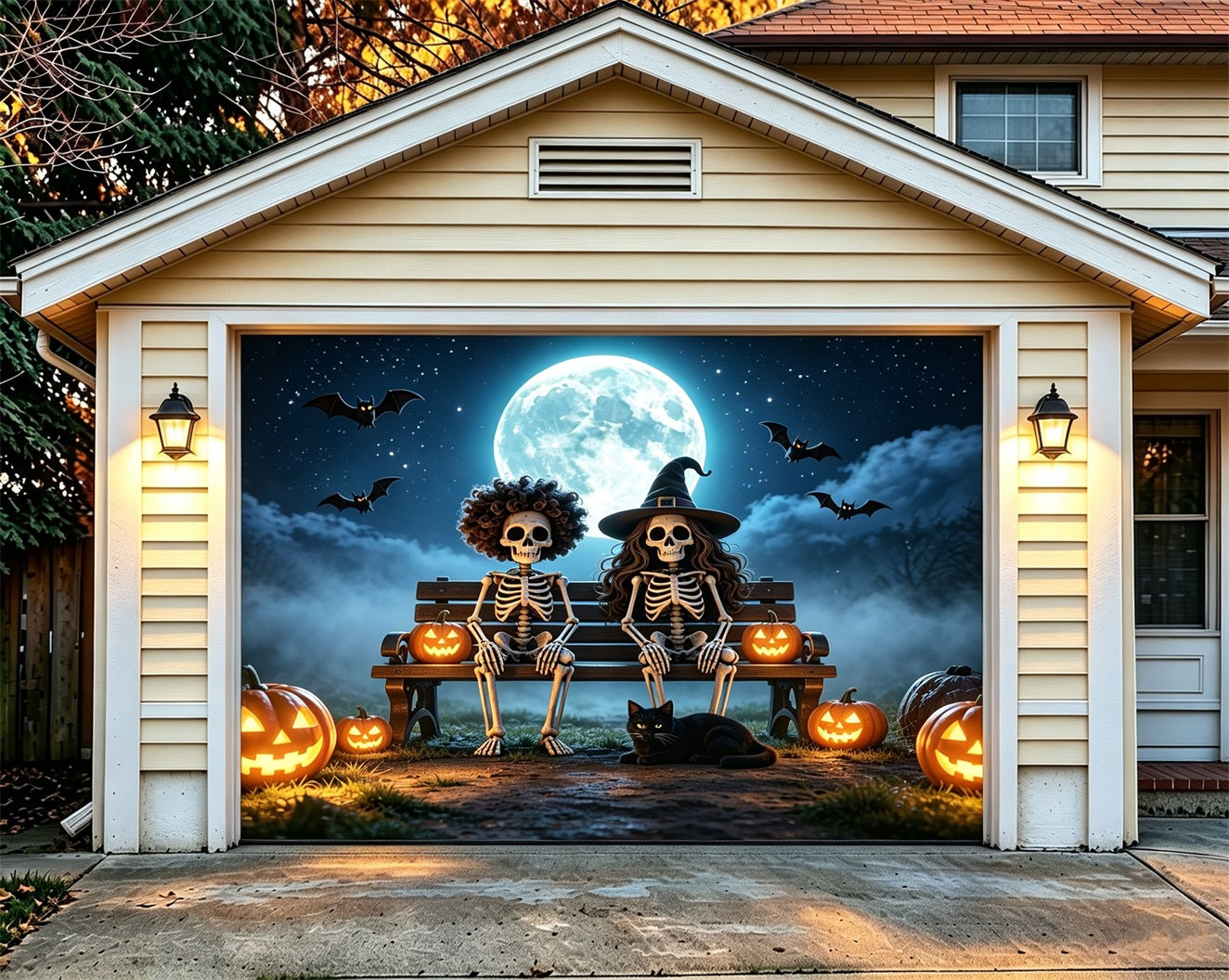 Funny Halloween Garage Door Cover Moonlit Skeleton Bench Cemetery Halloween Garage Door Decorations ZTT68-25-1 car