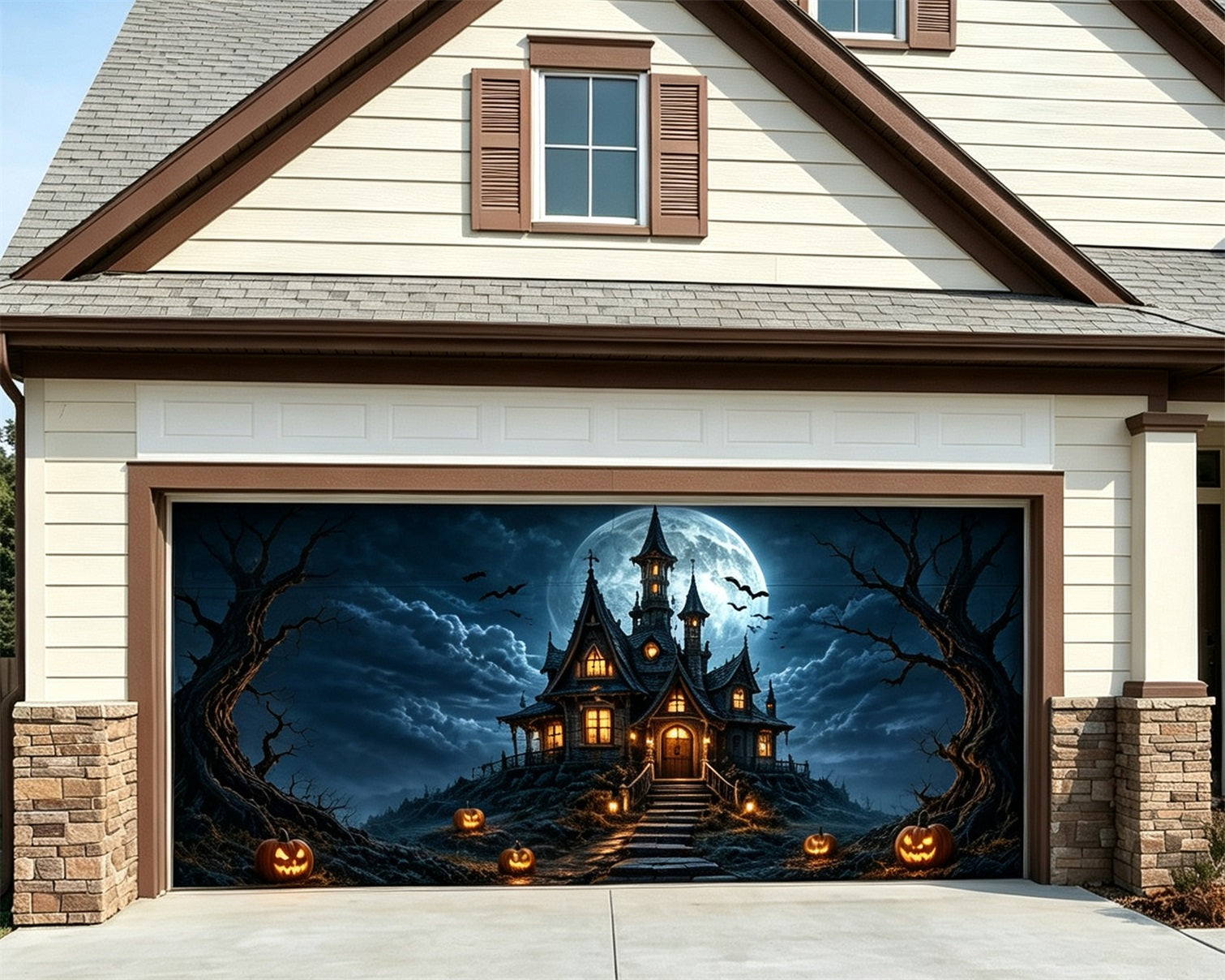 Gothic Halloween Garage Door Cover Moonlit Haunted Castle Halloween Garage Door Mural ZTT68-5-2 car
