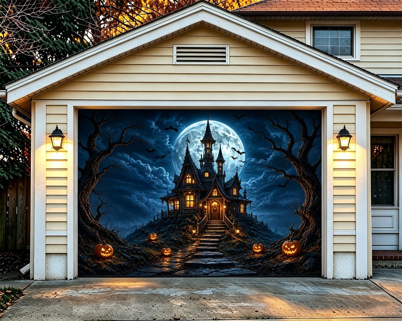 Gothic Halloween Garage Door Cover Moonlit Haunted Castle Halloween Garage Door Mural ZTT68-5-1 car