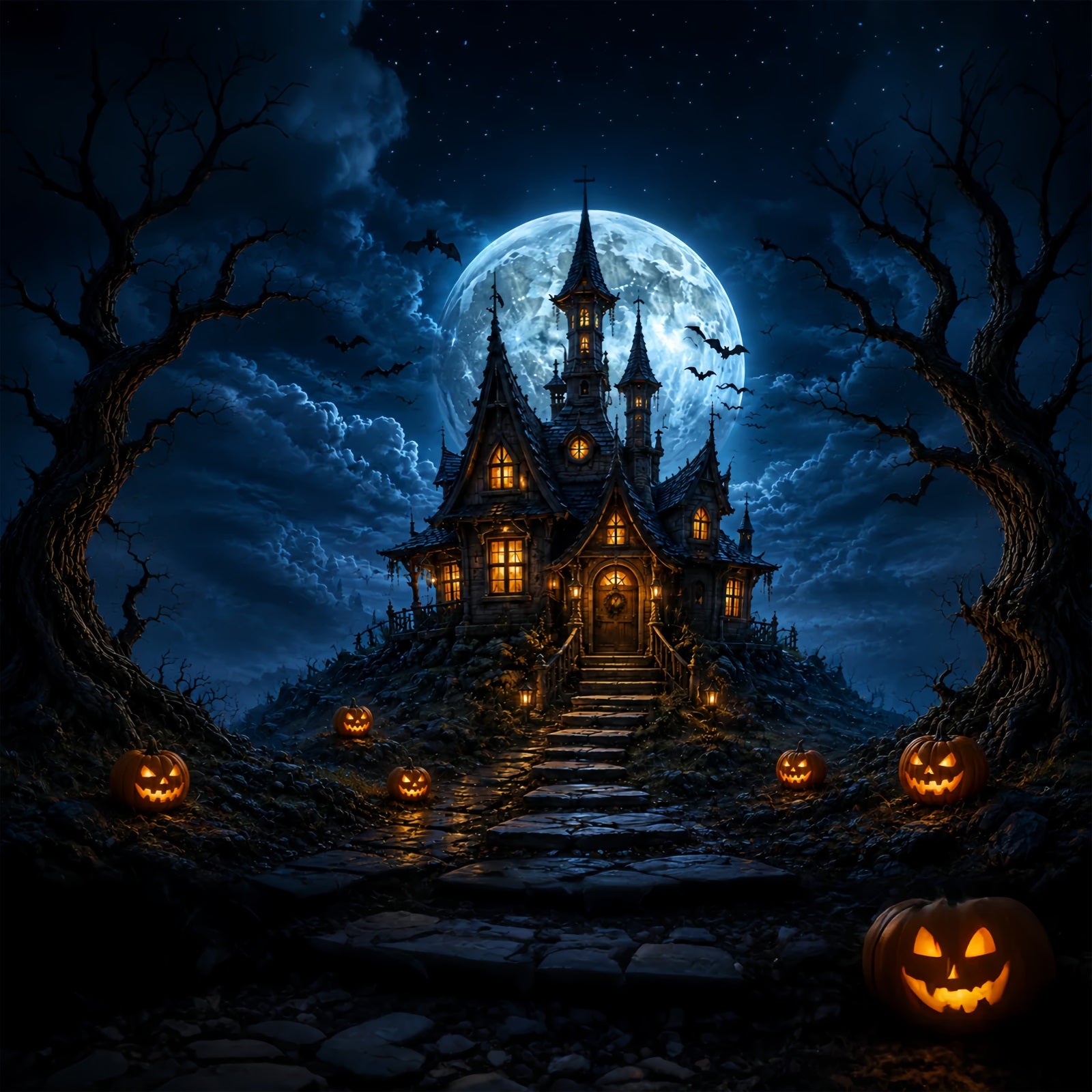 Gothic Halloween Garage Door Cover Moonlit Haunted Castle Halloween Garage Door Mural ZTT68-5-1 car