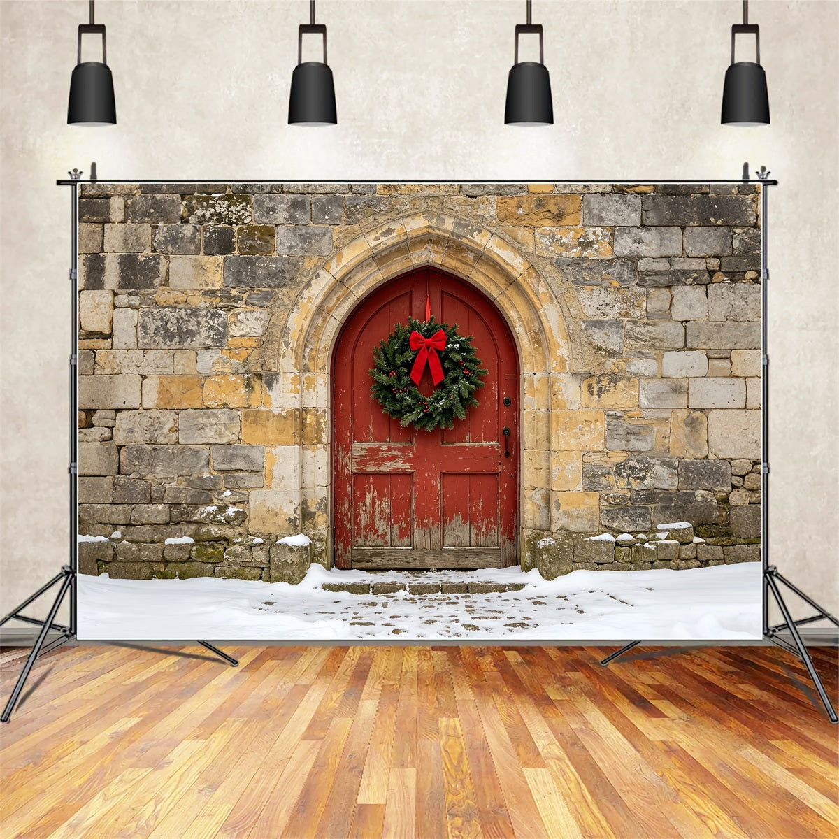 Church Christmas Backdrop Rustic Stone Arch Door Photographic Backdrops Christmas ZTT69-10