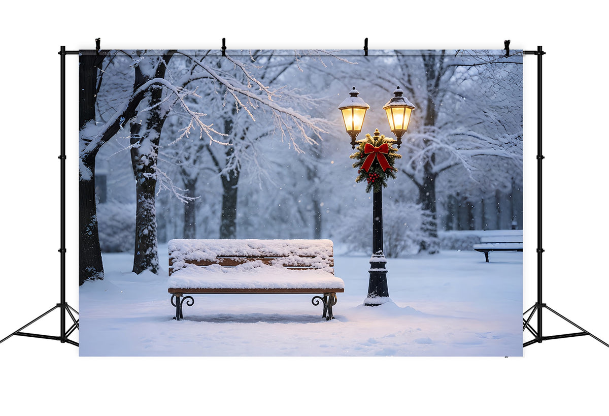 Christmas Snow Backdrop Snowy Bench Lantern Glow Christmas Muslin Backdrops ZTT69-11