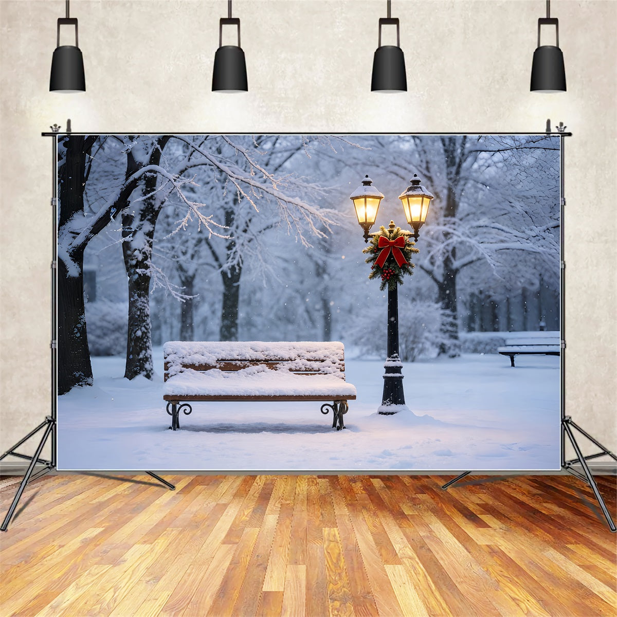 Christmas Snow Backdrop Snowy Bench Lantern Glow Christmas Muslin Backdrops ZTT69-11