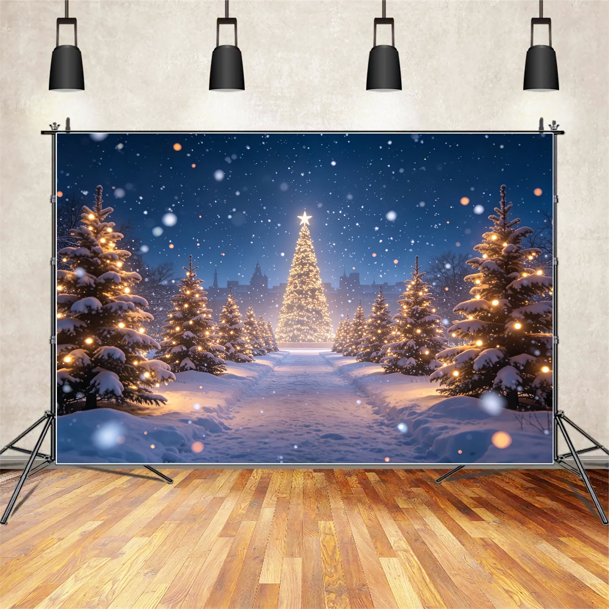 Christmas Tree Backdrop Snowy Forest Light Path Christmas Photo Backdrops ZTT69-15