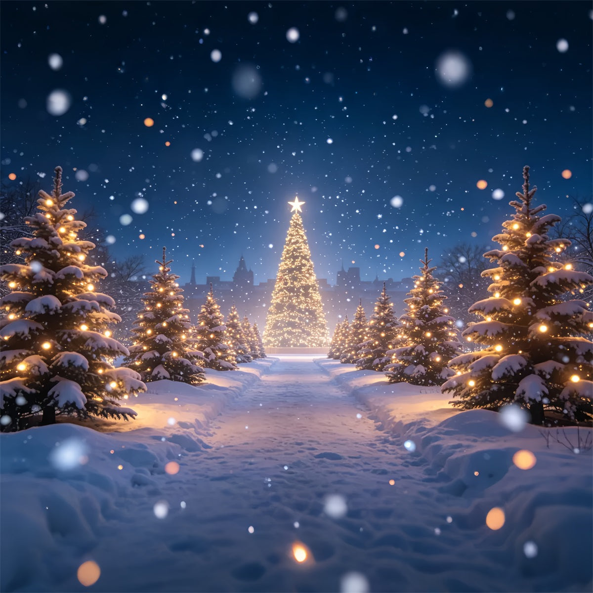 Christmas Tree Backdrop Snowy Forest Light Path Christmas Photo Backdrops ZTT69-15