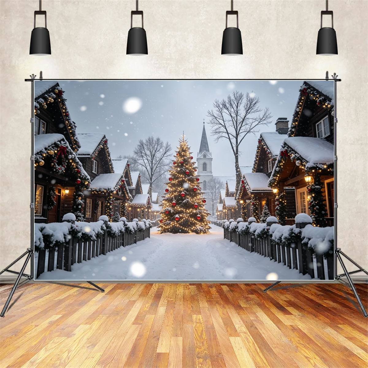 Christmas Village Backdrop Snowy House Tree Street Christmas Photography Backdrops ZTT69-19