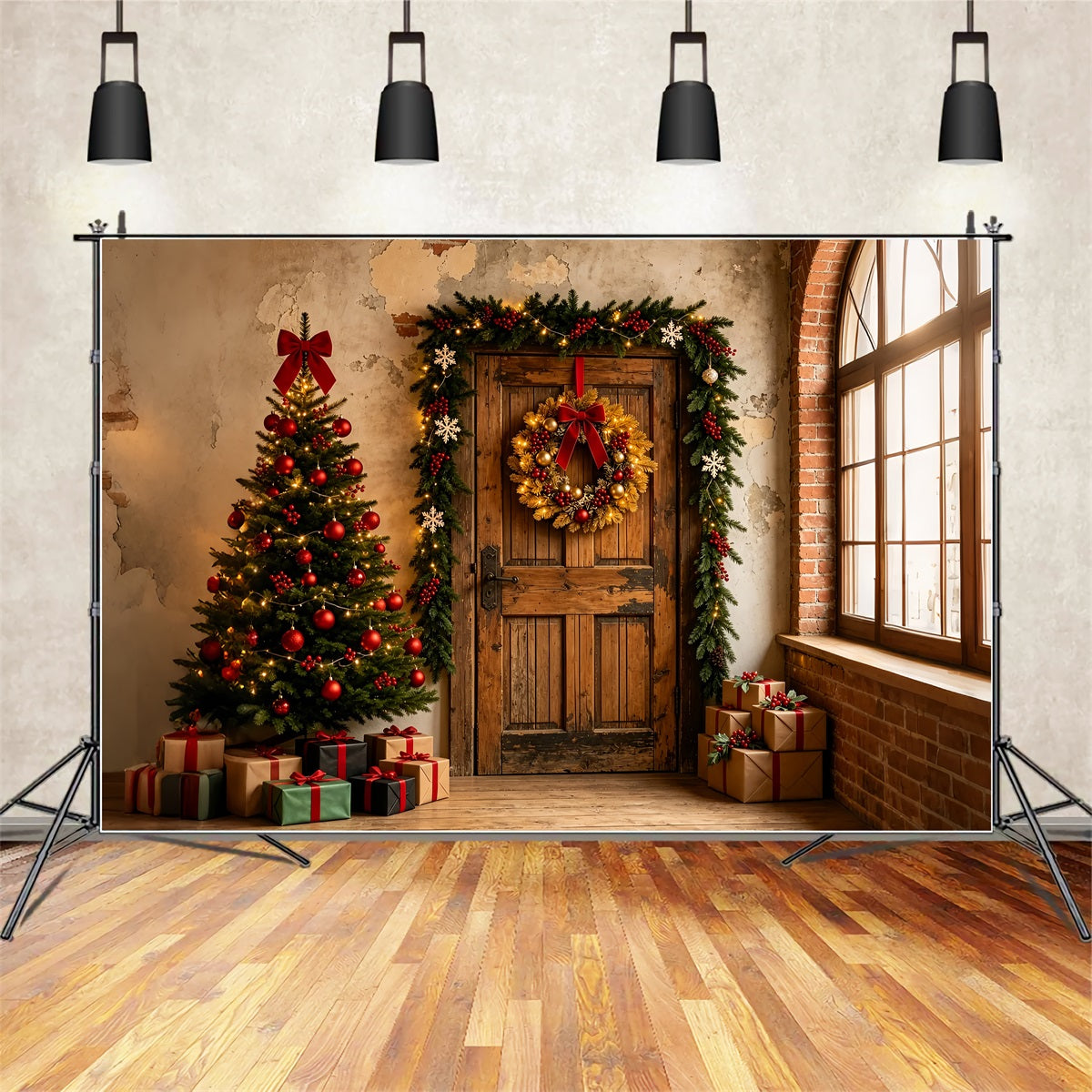 Christmas Backdrop Rustic Door Wreath Entry Wall Christmas Backdrop ZTT69-2