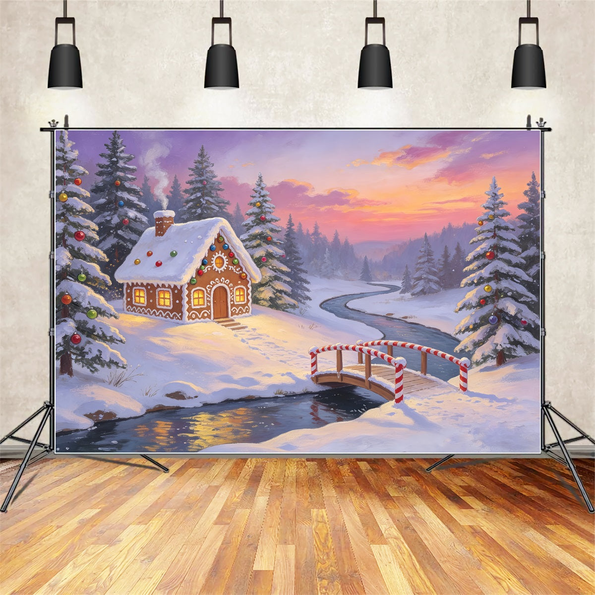 Christmas Forest Backdrop Gingerbread Bridge River Large Christmas Backdrops ZTT69-21