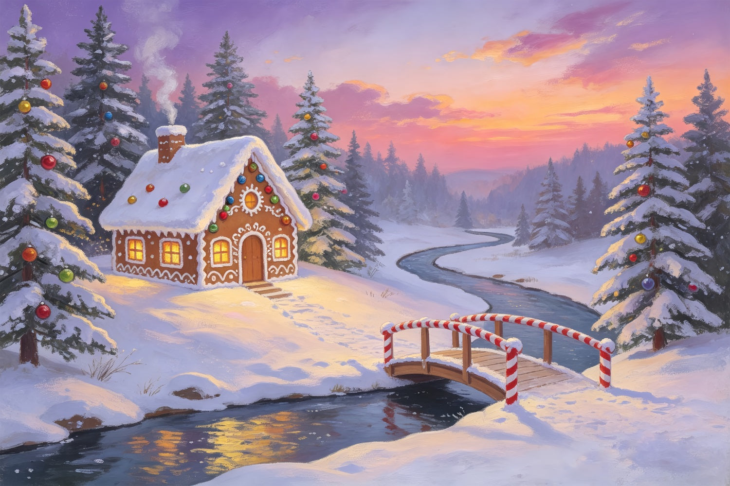 Christmas Forest Backdrop Gingerbread Bridge River Large Christmas Backdrops ZTT69-21