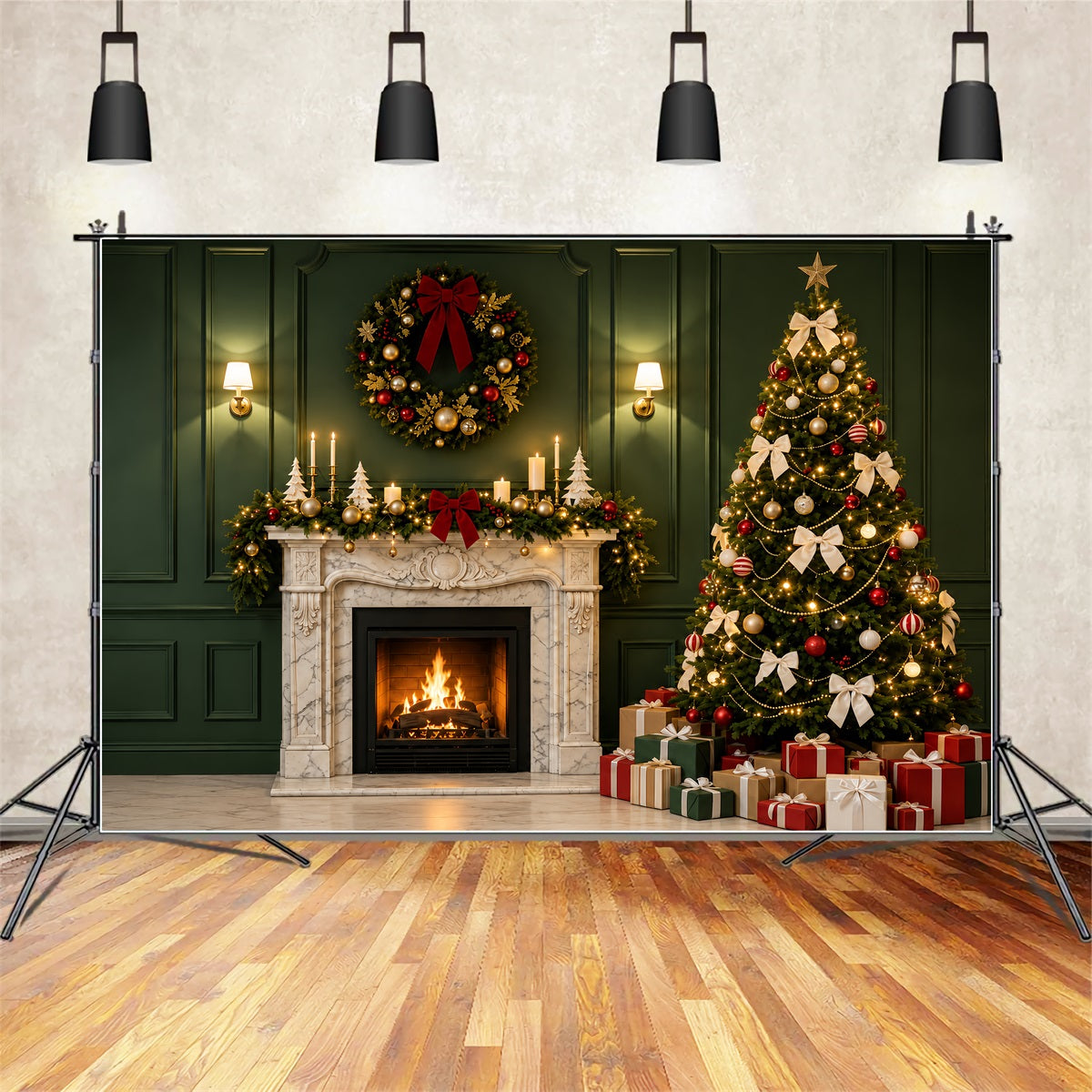 Green Christmas Backdrop Green Fireplace Tree Decor Photo Backdrops Christmas ZTT69-28