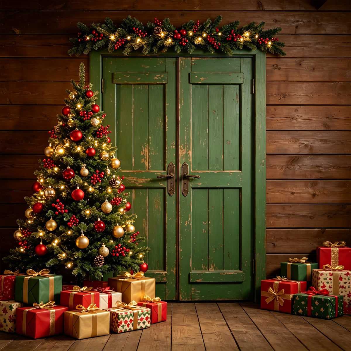Christmas Wall Backdrop Vintage Green Door Decor Christmas Muslin Backdrop ZTT69-3