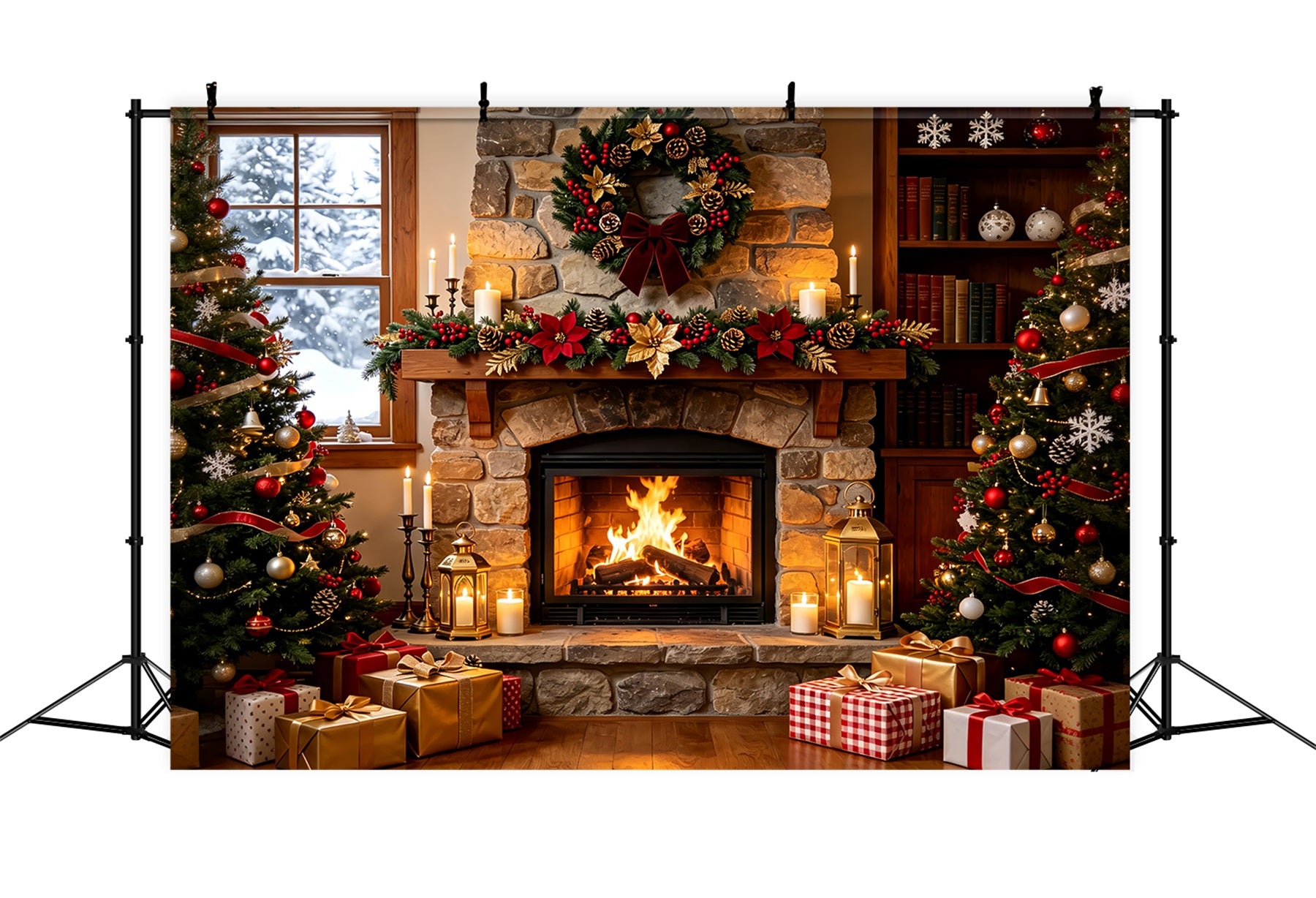 Cozy Christmas Backdrop Stone Fireplace Garland Glow Christmas Indoor Backdrop ZTT69-4
