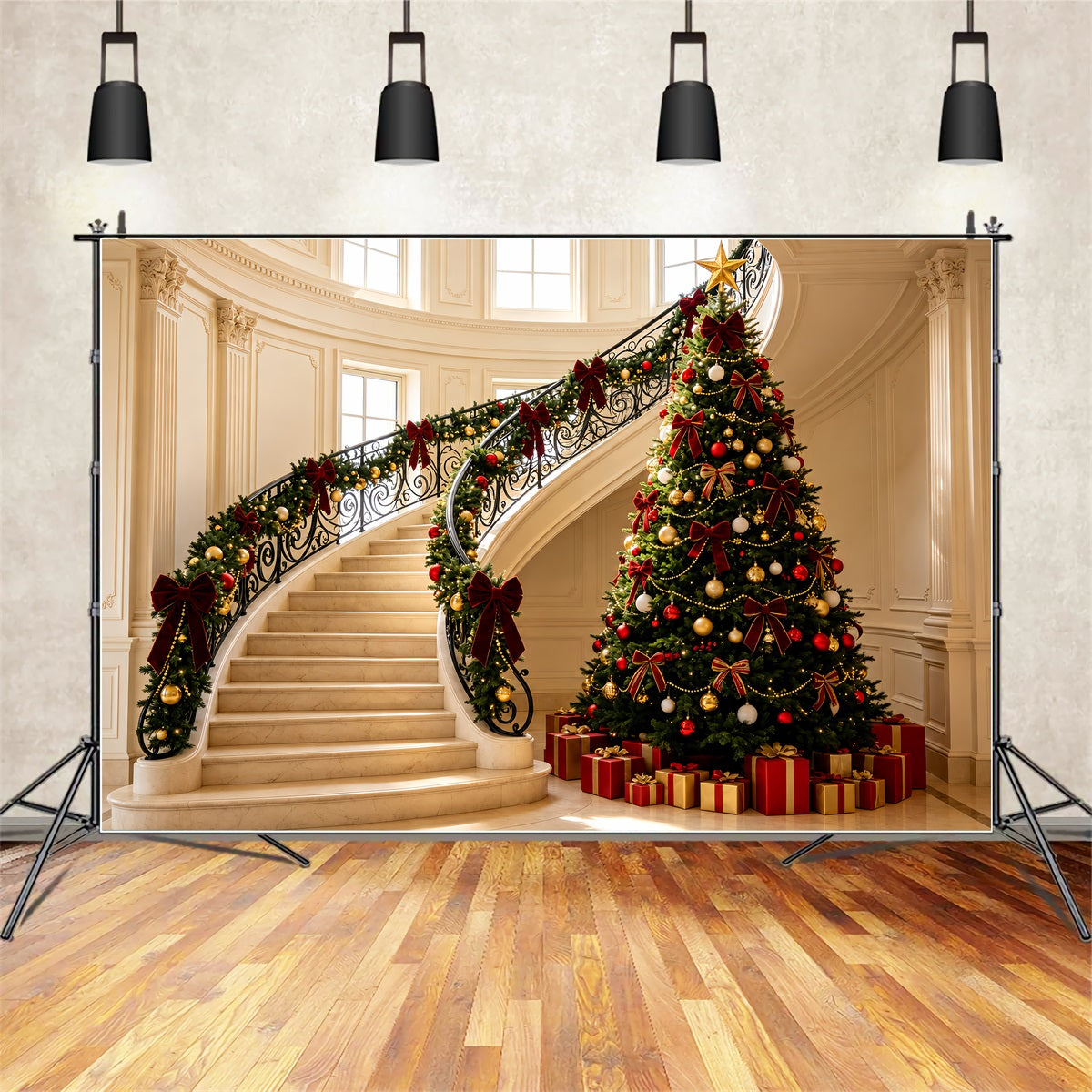 Victorian Christmas Backdrops Elegant Staircase Garland Decor Indoor Christmas Backdrops ZTT69-5