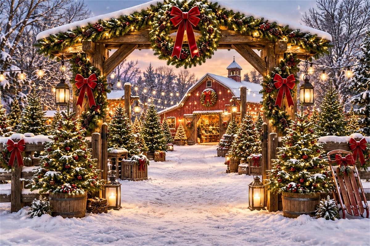 Christmas Tree Farm Backdrop Rustic Barn Garland Entrance Christmas Tree Backdrop ZTT69-51