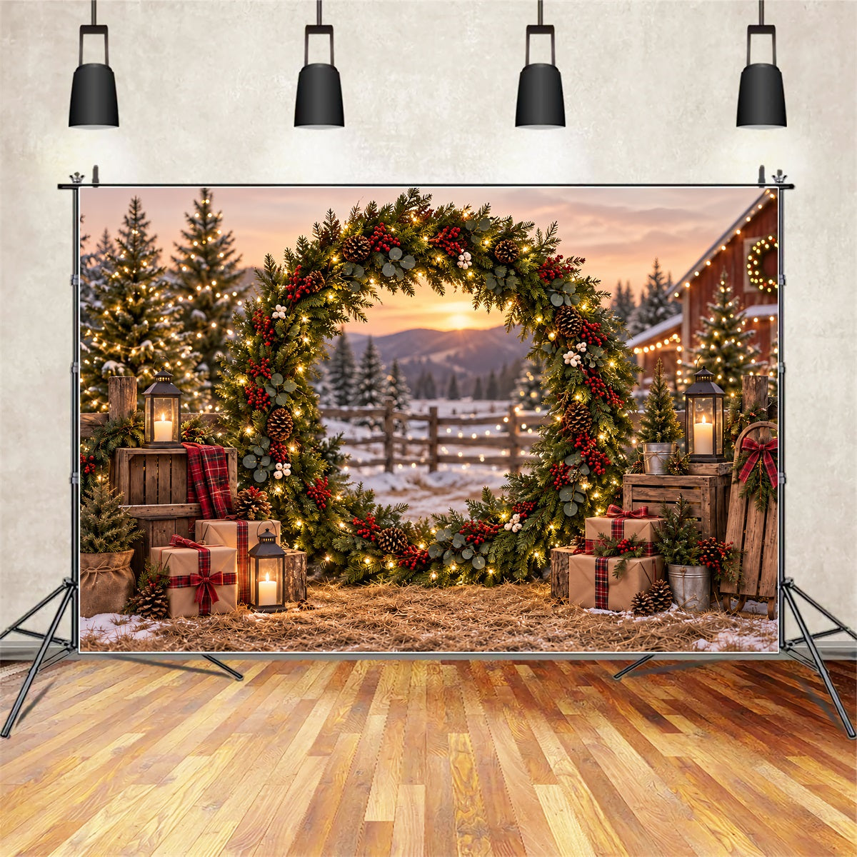 Christmas Tree Farm Photo Backdrop Evergreen Wreath Farm Gateway Christmas Tree Backdrop ZTT69-52