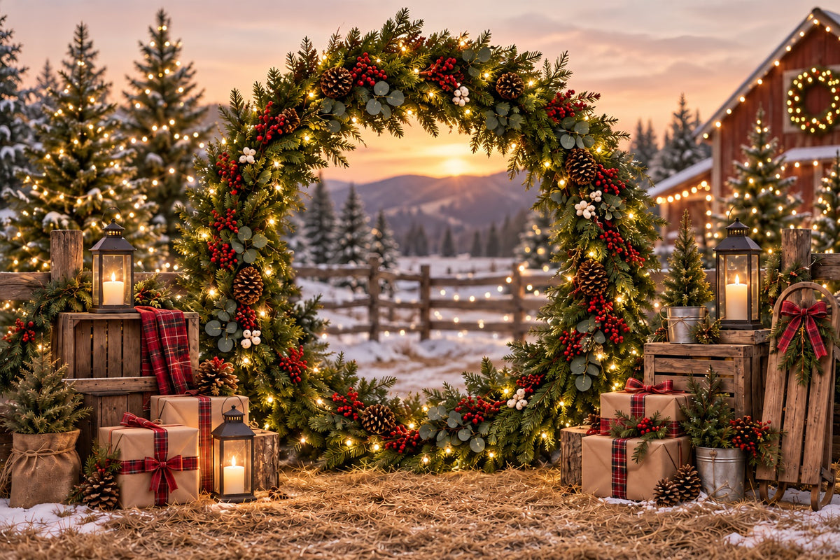 Christmas Tree Farm Photo Backdrop Evergreen Wreath Farm Gateway Christmas Tree Backdrop ZTT69-52