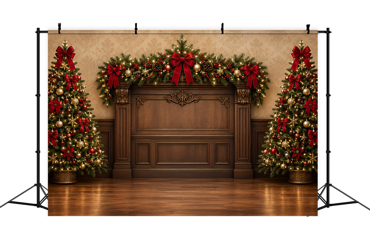 Christmas Backdrops For Photography Red Bow Evergreen Mantel High Resolution Christmas Backdrop ZTT69-55