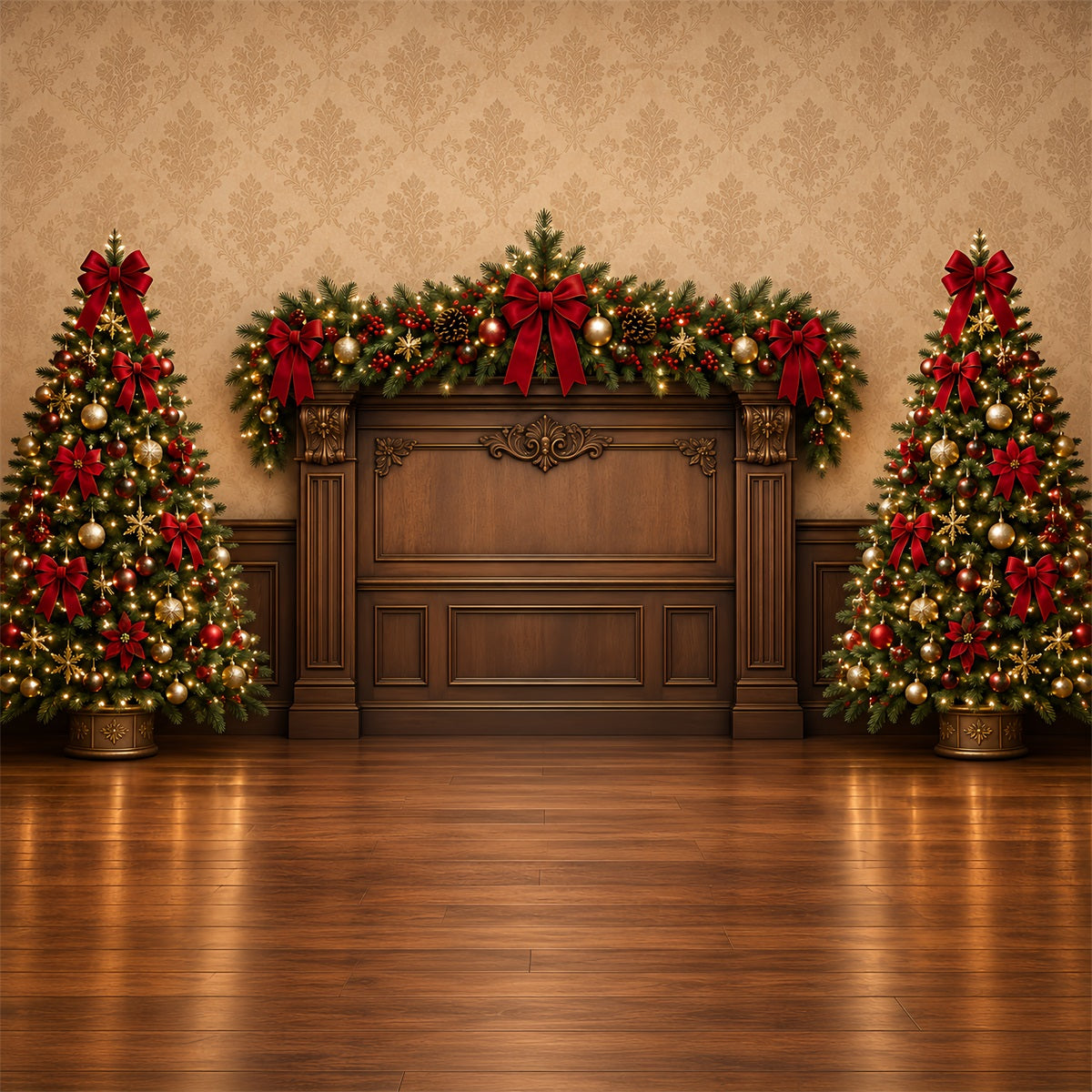 Christmas Backdrops For Photography Red Bow Evergreen Mantel High Resolution Christmas Backdrop ZTT69-55