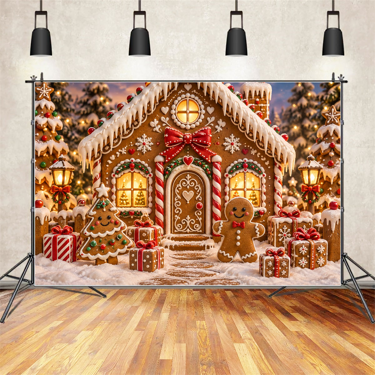 Gingerbread House Backdrop Candy Cottage Snowy Trees Candy Cane Backdrop ZTT69-57