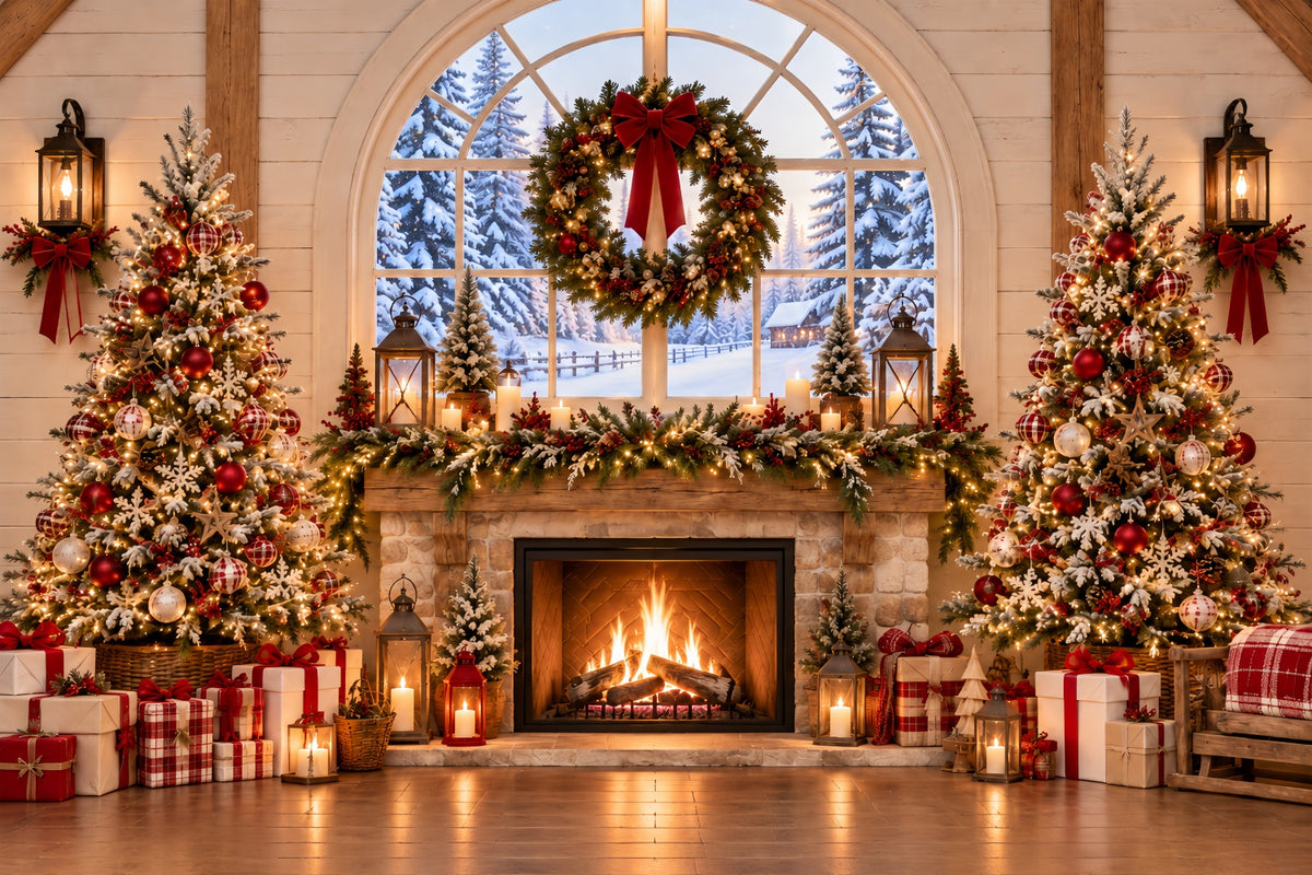 Christmas Backdrops 10x10 Rustic Fireplace Wreath Interior Santa Workshop Backdrop ZTT69-60
