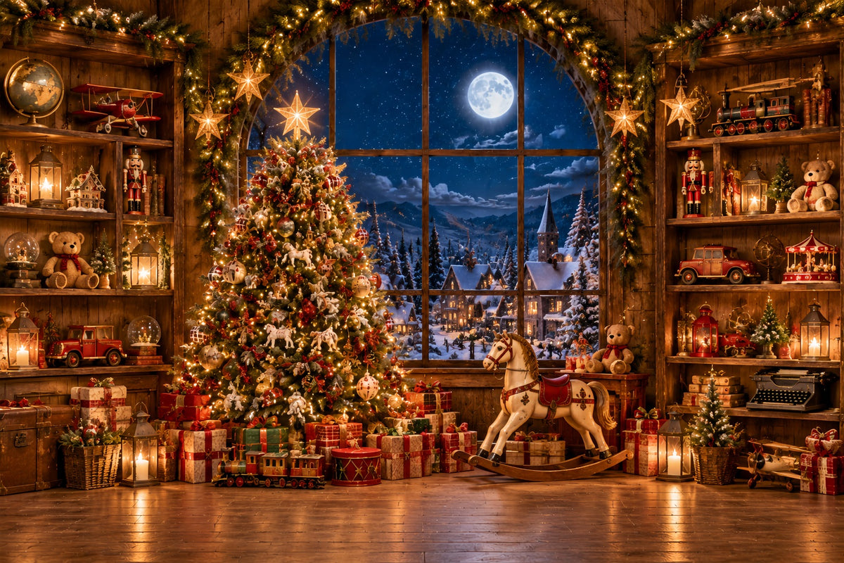 Santas Workshop Backdrop Moonlit Toy Workshop Interior North Pole Backdrop ZTT69-61