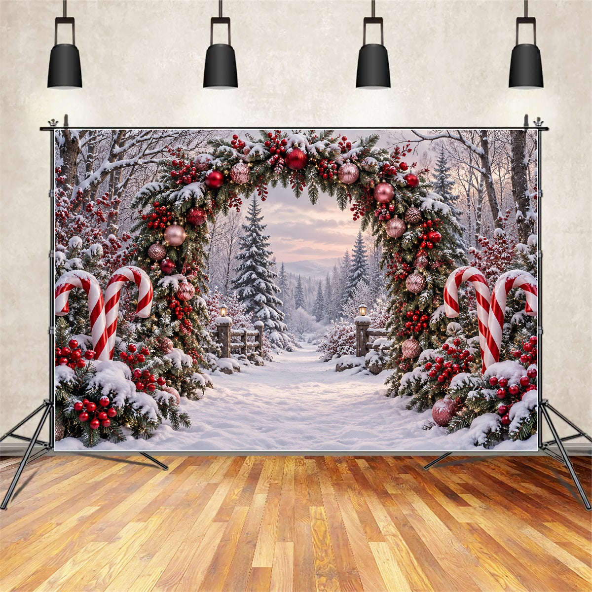 Backdrop Christmas Snowy Forest Candy Cane Arch Xmas Backdrop ZTT69-63