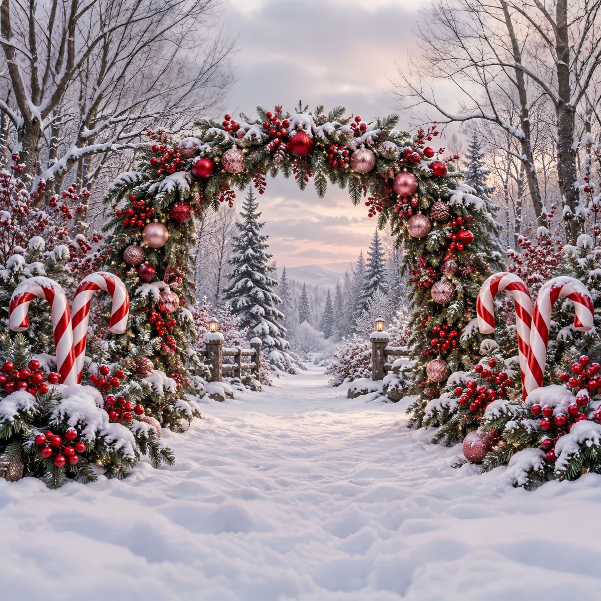 Backdrop Christmas Snowy Forest Candy Cane Arch Xmas Backdrop ZTT69-63