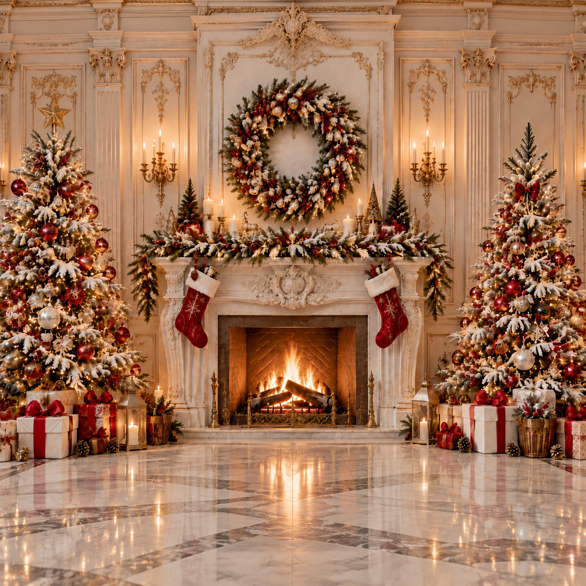 Christmas Fireplace Backdrop Grand Wreath Fireplace Display Christmas Kitchen Backdrop ZTT69-65