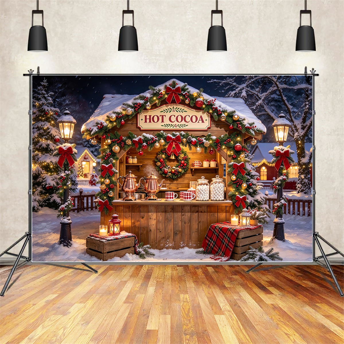 Christmas Backdrop Photography Snowy Hot Cocoa Stand White Christmas Backdrop ZTT69-66