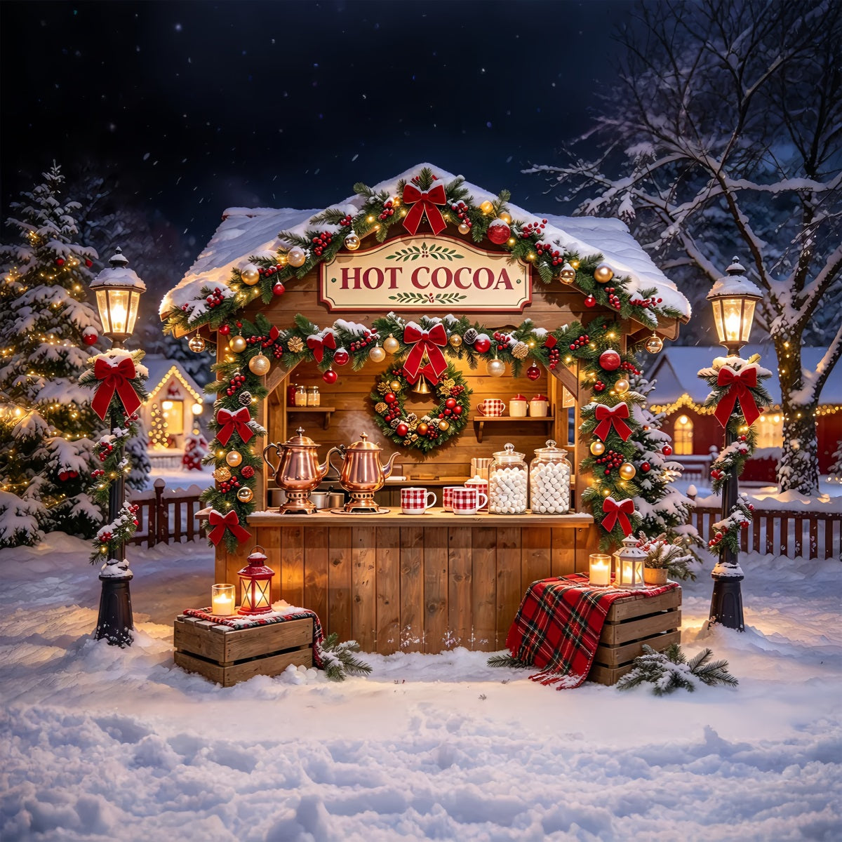Christmas Backdrop Photography Snowy Hot Cocoa Stand White Christmas Backdrop ZTT69-66