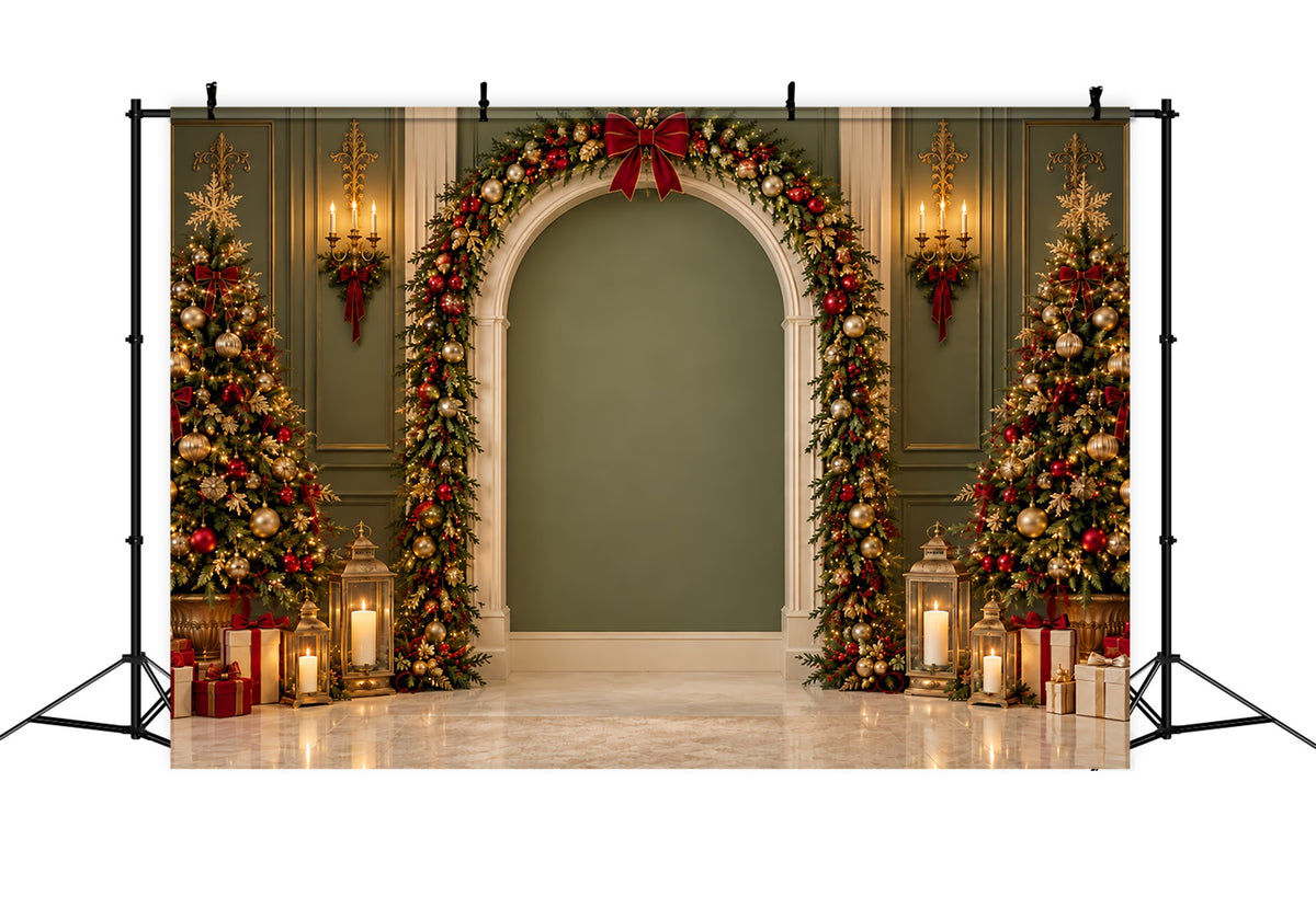 Christmas Picture Backdrop Green Gold Garland Archway Santa Photo Backdrop ZTT69-67